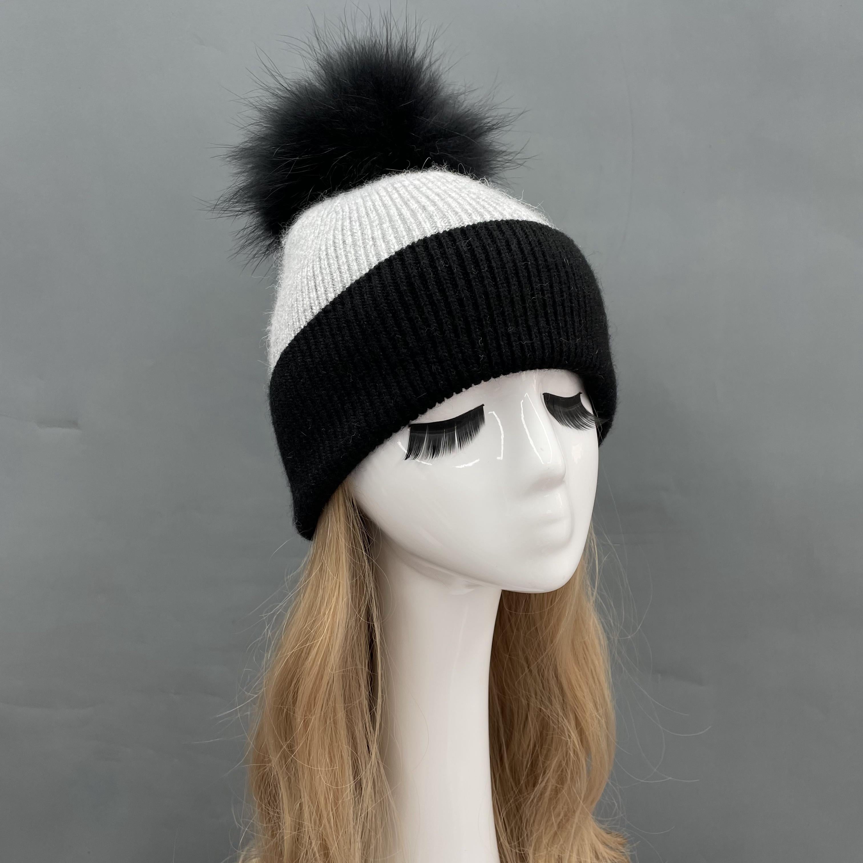 Contrast Color Angora Knitted Fur Pom Pom Warm Beanie Hat For Adults and Children - Janefur