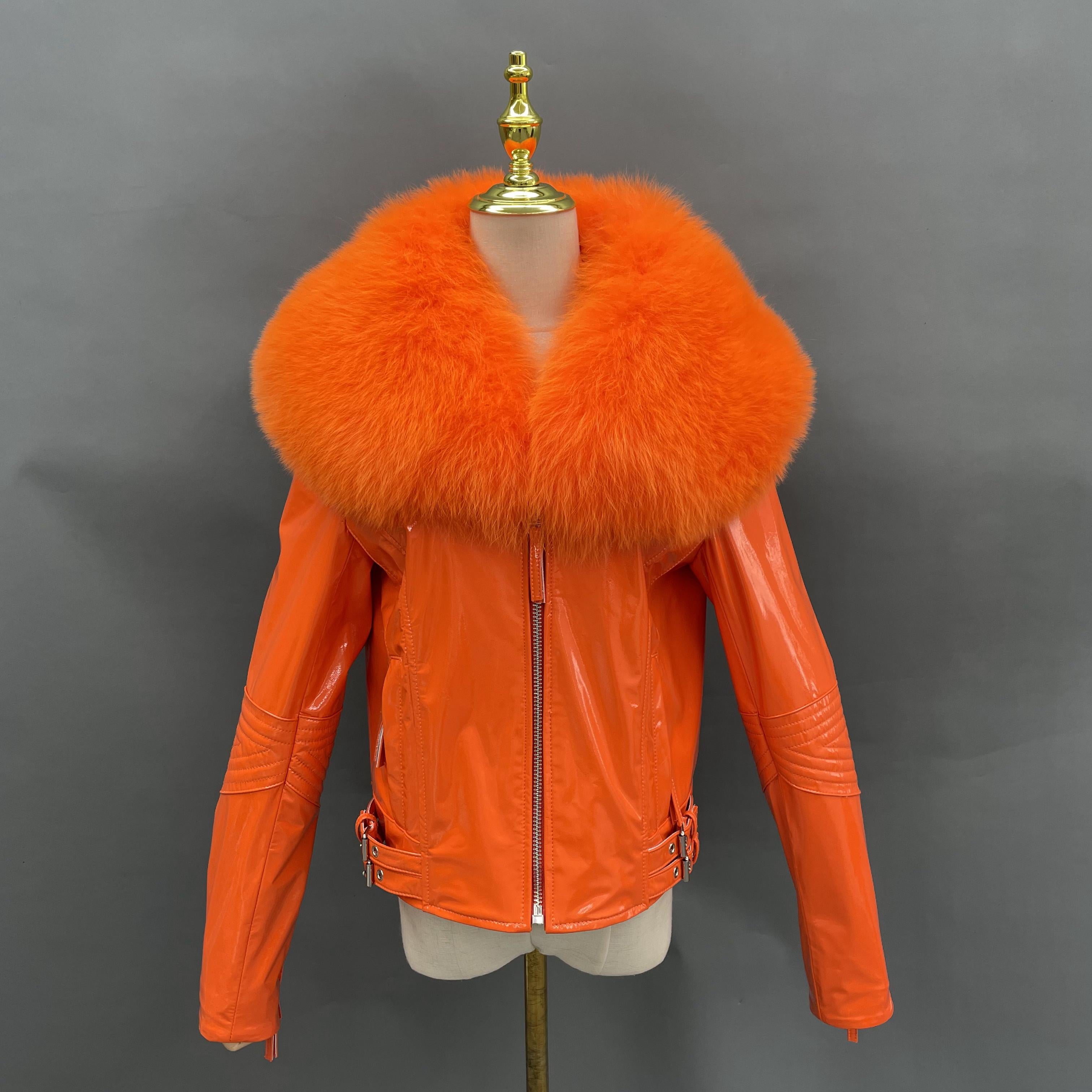Women's Short Fox Fur Collar Bright Leather Coat - Janefur