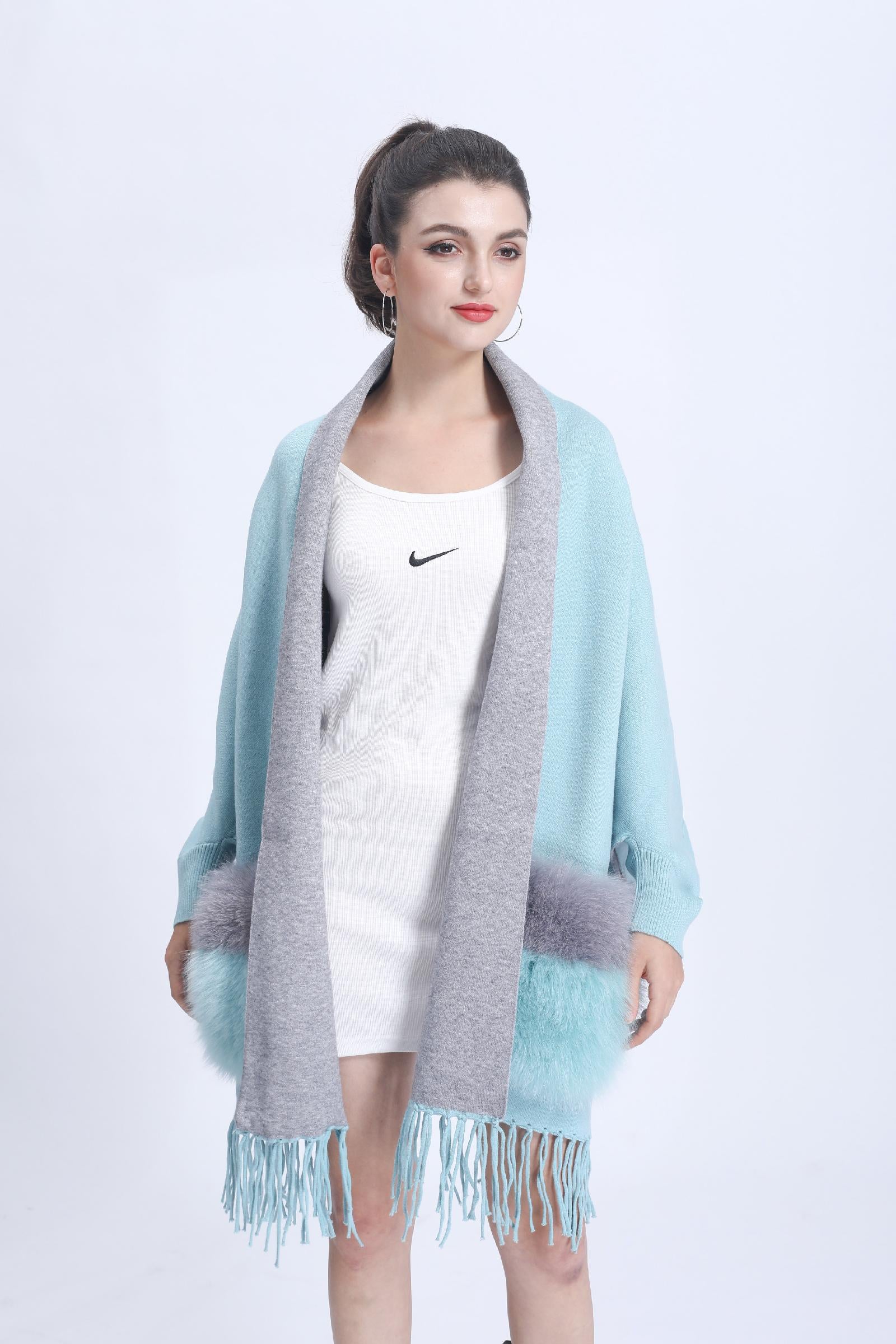 Women's Shawl Cape with Pockets Fur Contrast Ribbed Cuffs Fashionable Soft Sleeved New Cape - Janefur
