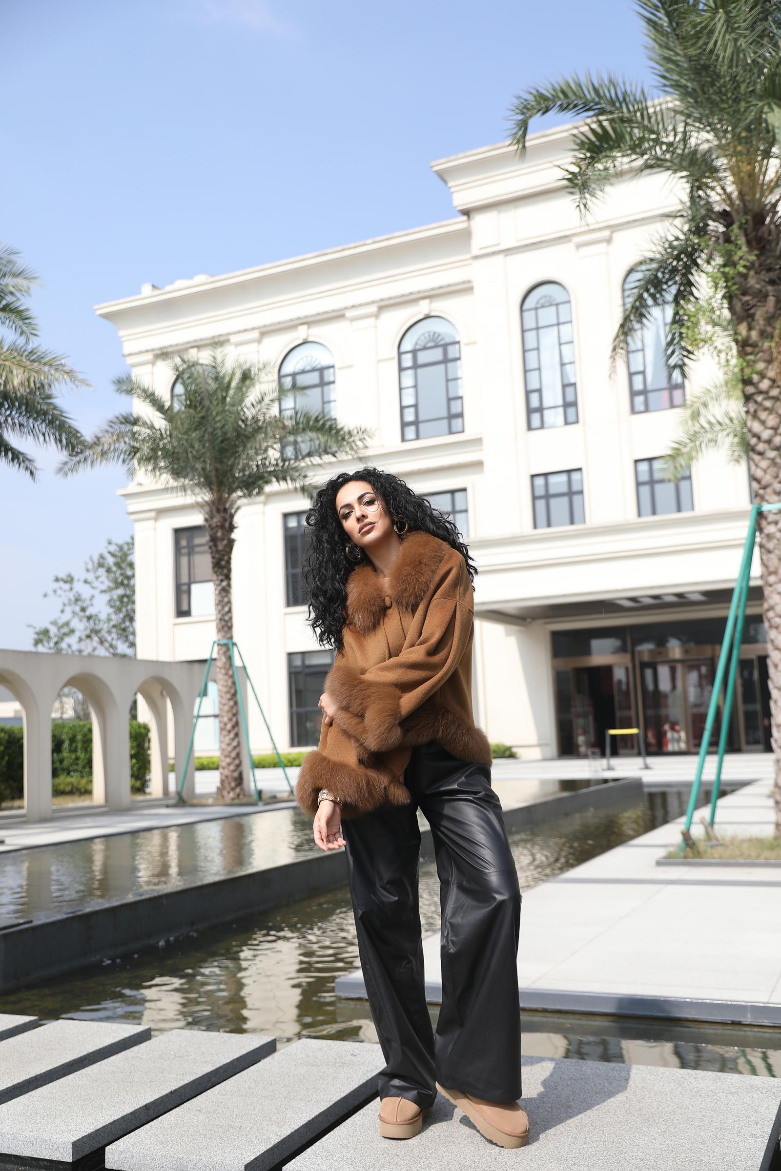 Double-Faced Cashmere Jacket for Women Classic Square Collar Pom-Pom Double-Faced Wool Jacket - Janefur