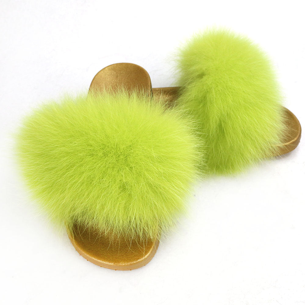 Janefur Wholesale Women's Fashion Slippers With Real Fox Fur Trim (Black, Gold, Silver Soles)