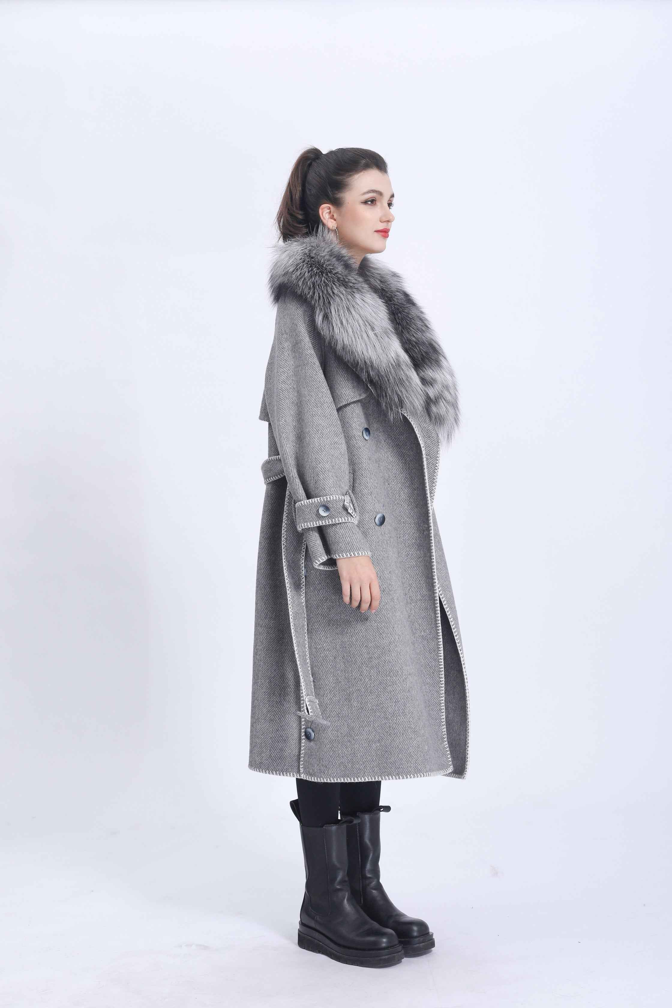 Women's Luxury Double - Faced Herringbone Wool Trench Coat with Large Fox Fur Collar, Belted & Contrast Stitching, Elegant Winter Outerwear
