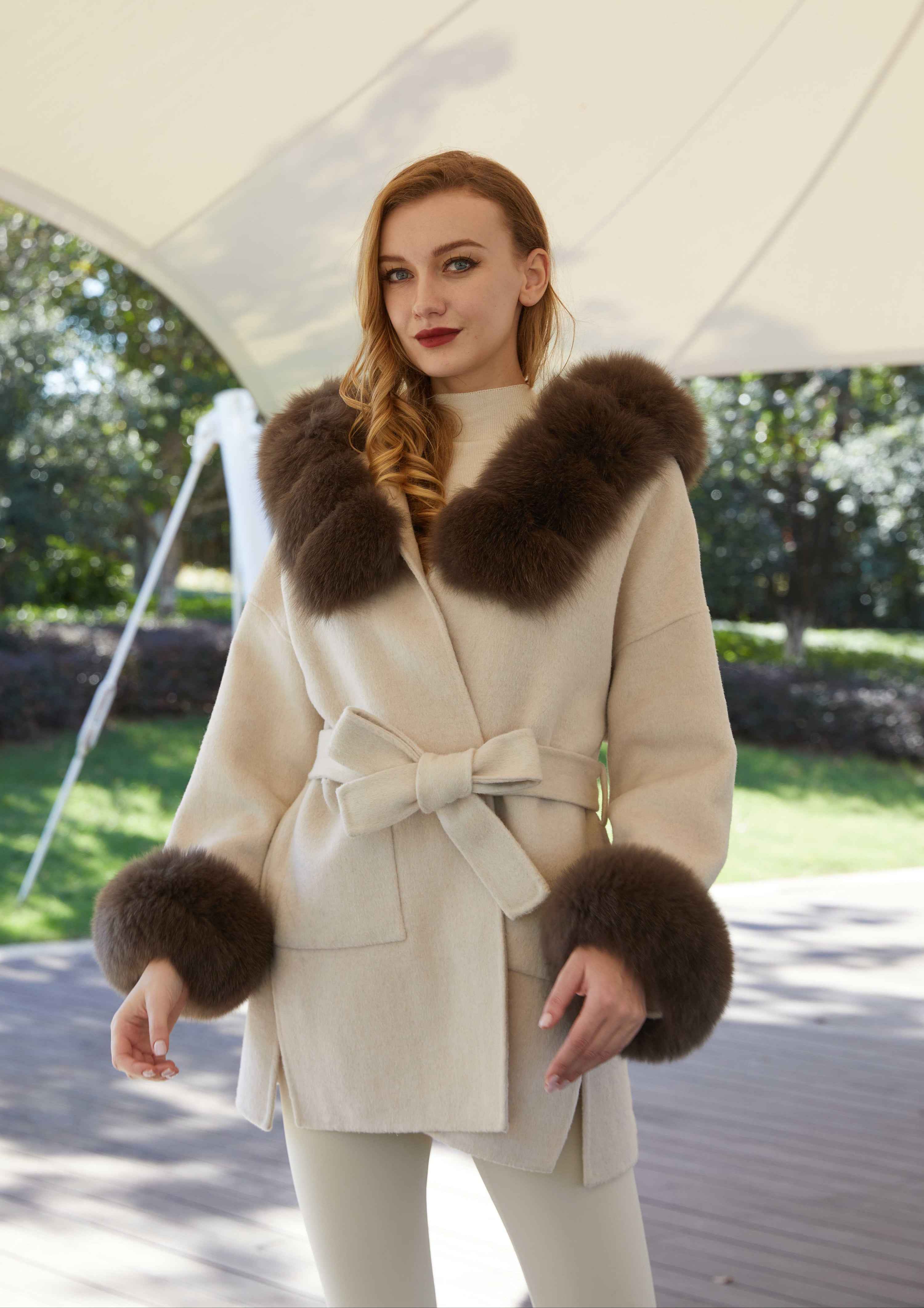Chic Double-Faced Wool Coat with Plush Faux Fur Hood and Sleeves