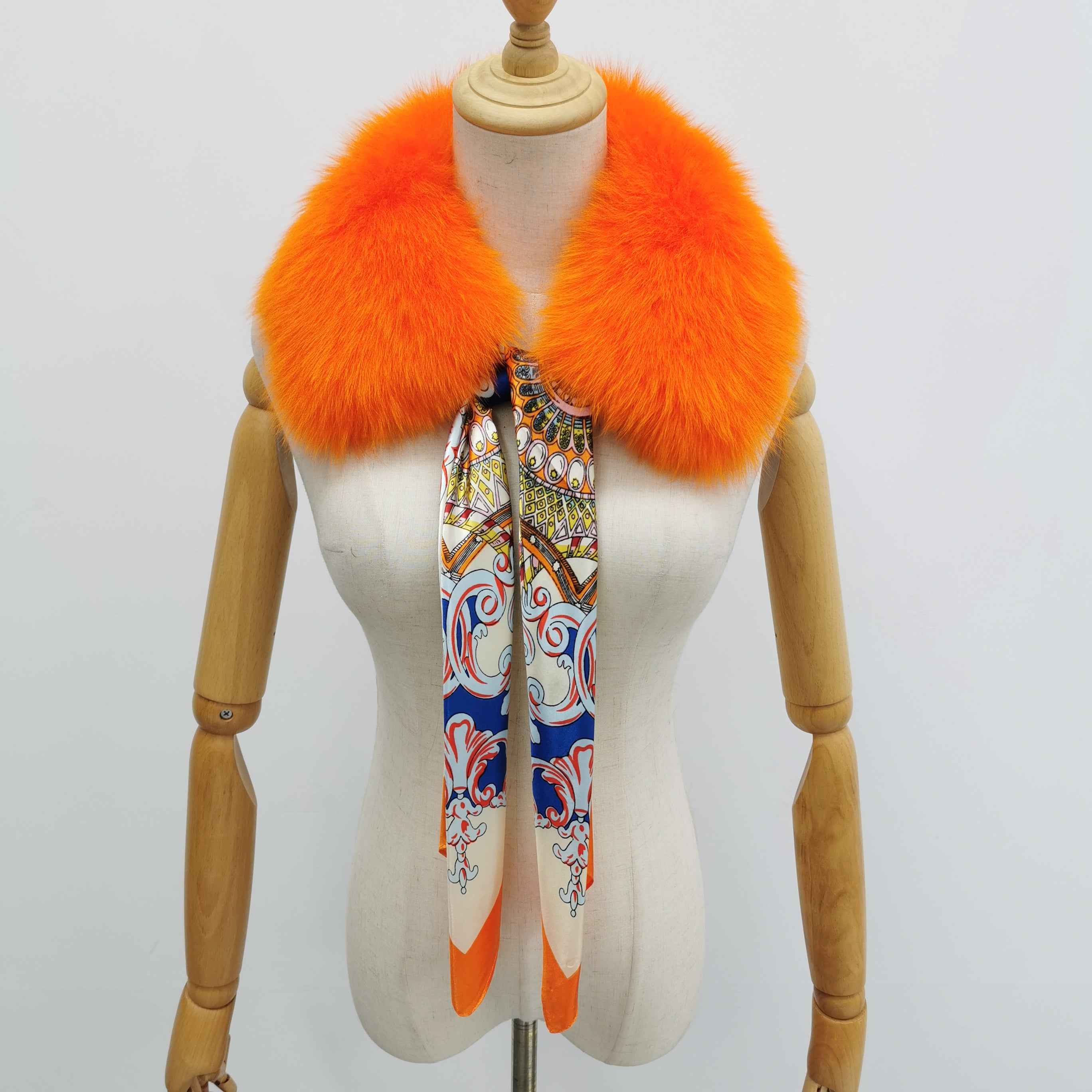 Women's Luxurious Fox Fur Small Square Collar with Printed Silk Scarf - Fashion Accessory 8#Orange F