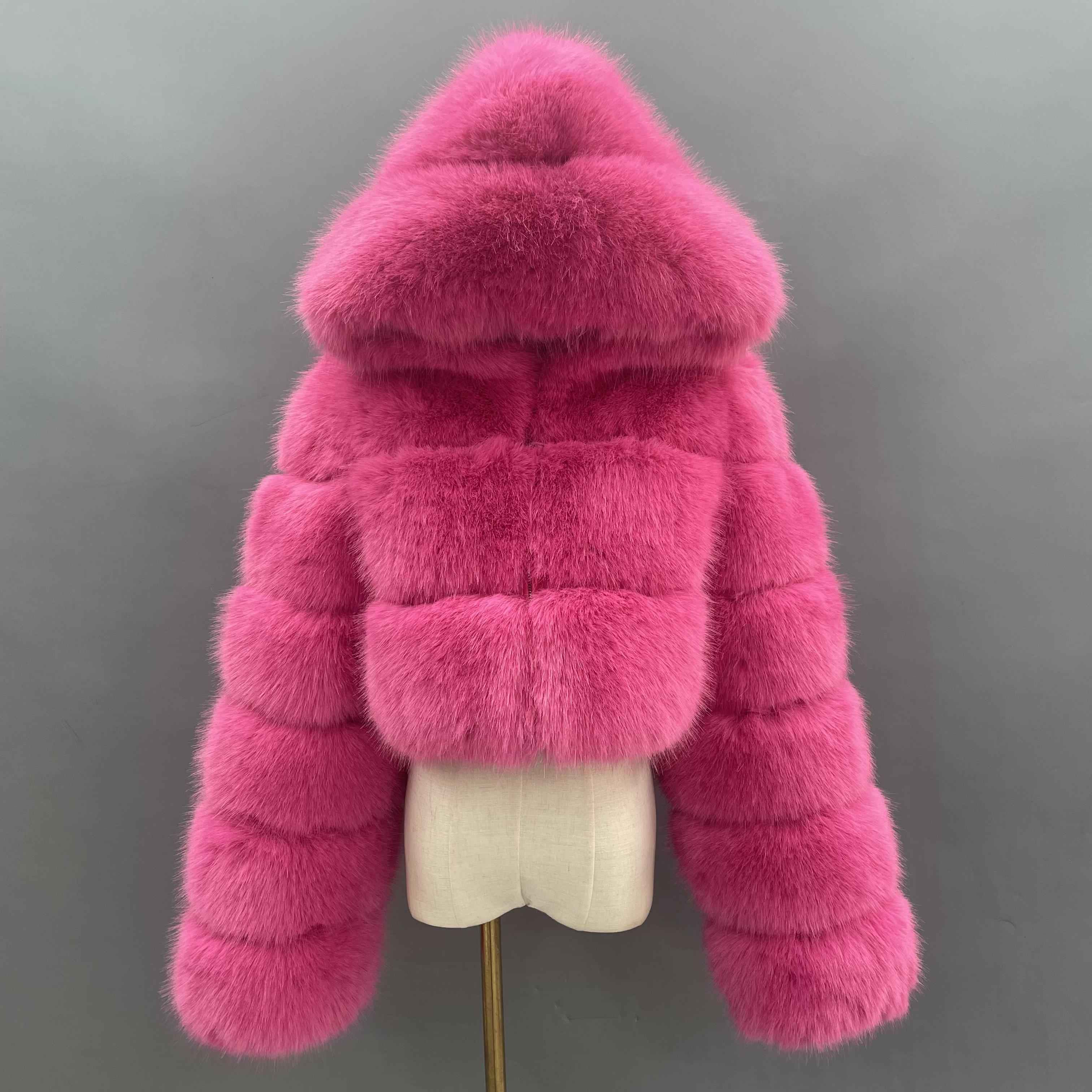 Three - Panel Faux Fur Cropped Hooded Coat