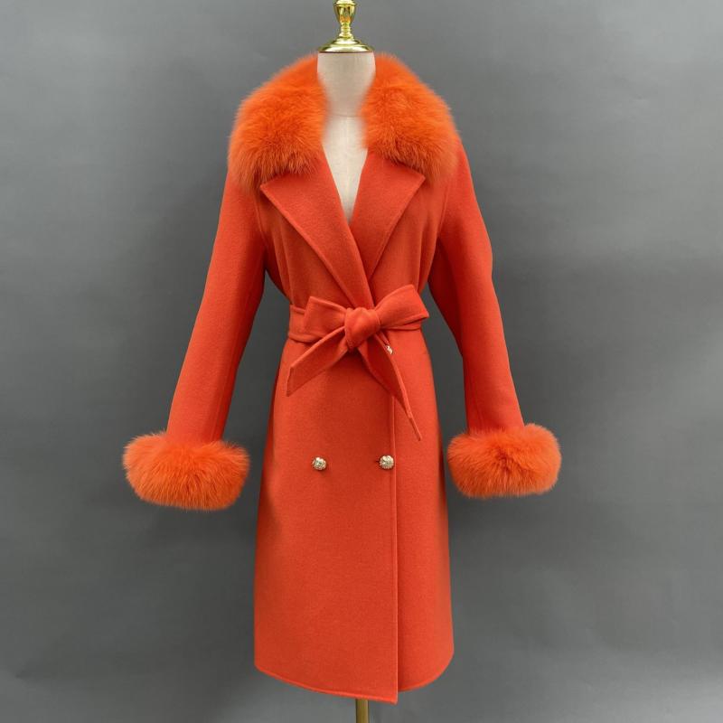 Women's Long Cashmere Coat With Fox Fur Collar And Belt - Janefur