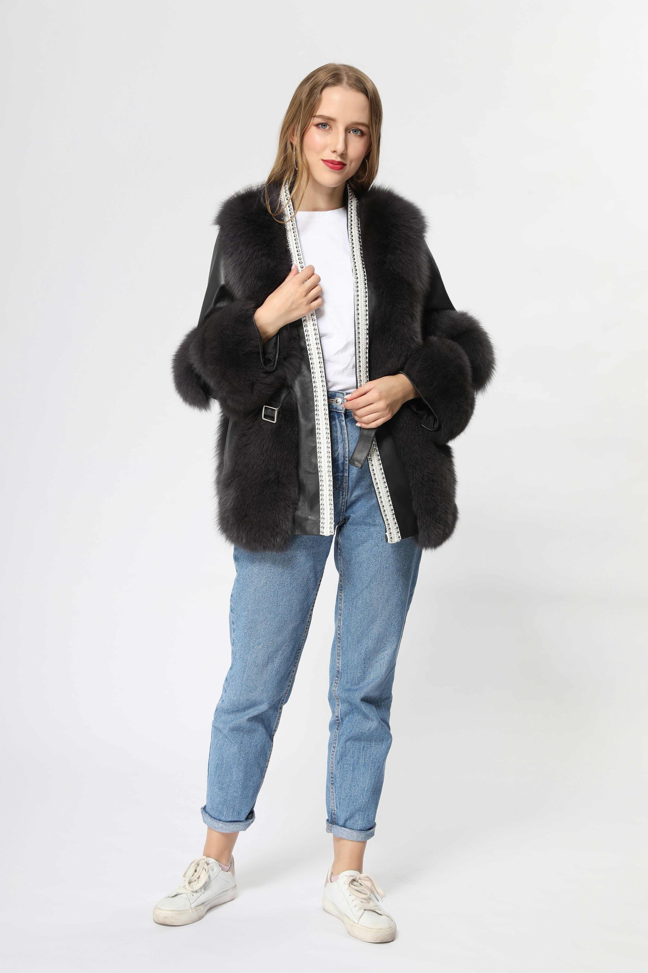 Women's Fox Fur Patchwork Leather Rivet Front Winter Coat - Janefur