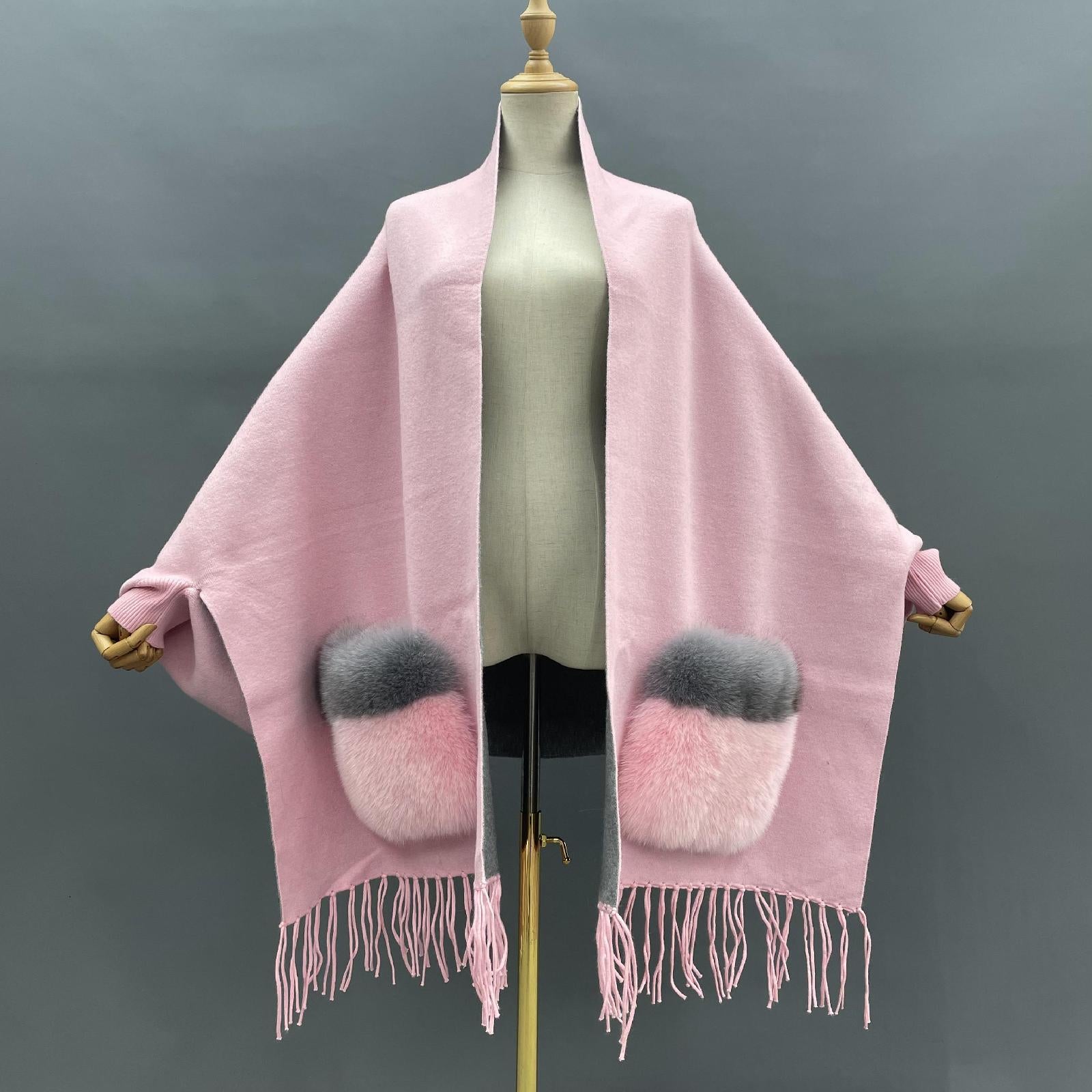 Women's Shawl Cape with Pockets Fur Contrast Ribbed Cuffs Fashionable Soft Sleeved New Cape - Janefur