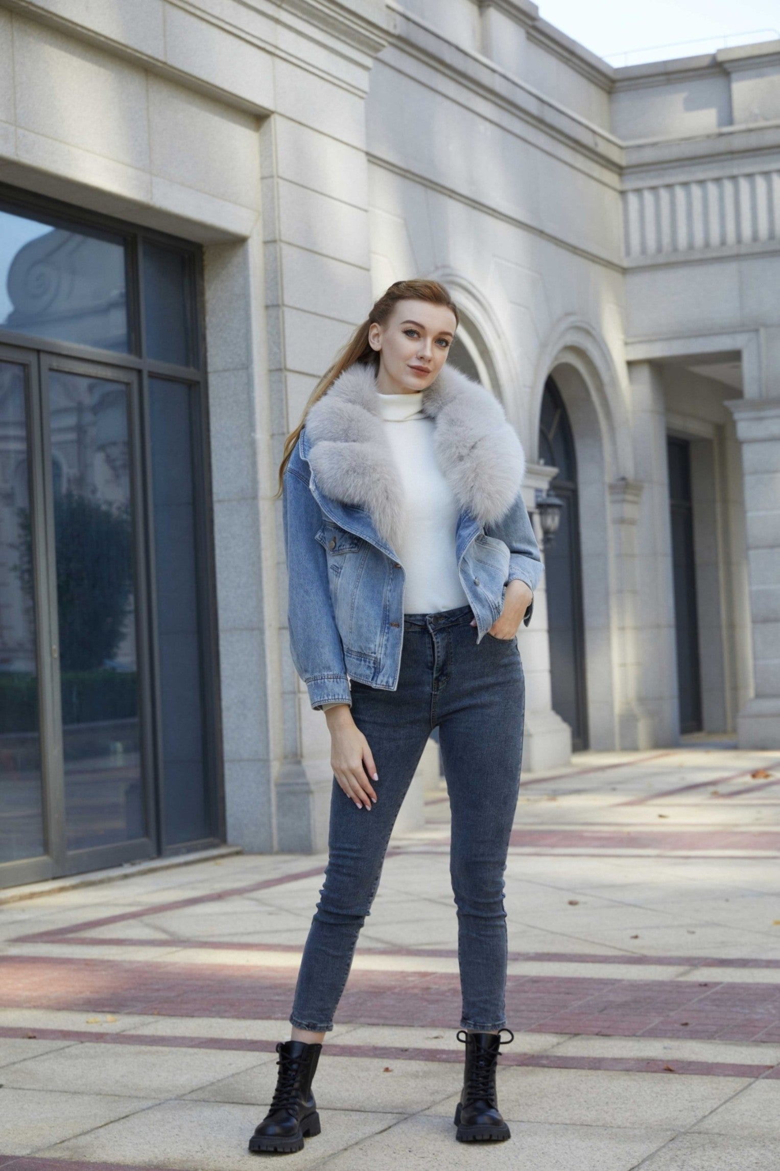 Fur Collar Fur Parka Denim Down Coat Jacket - Janefur