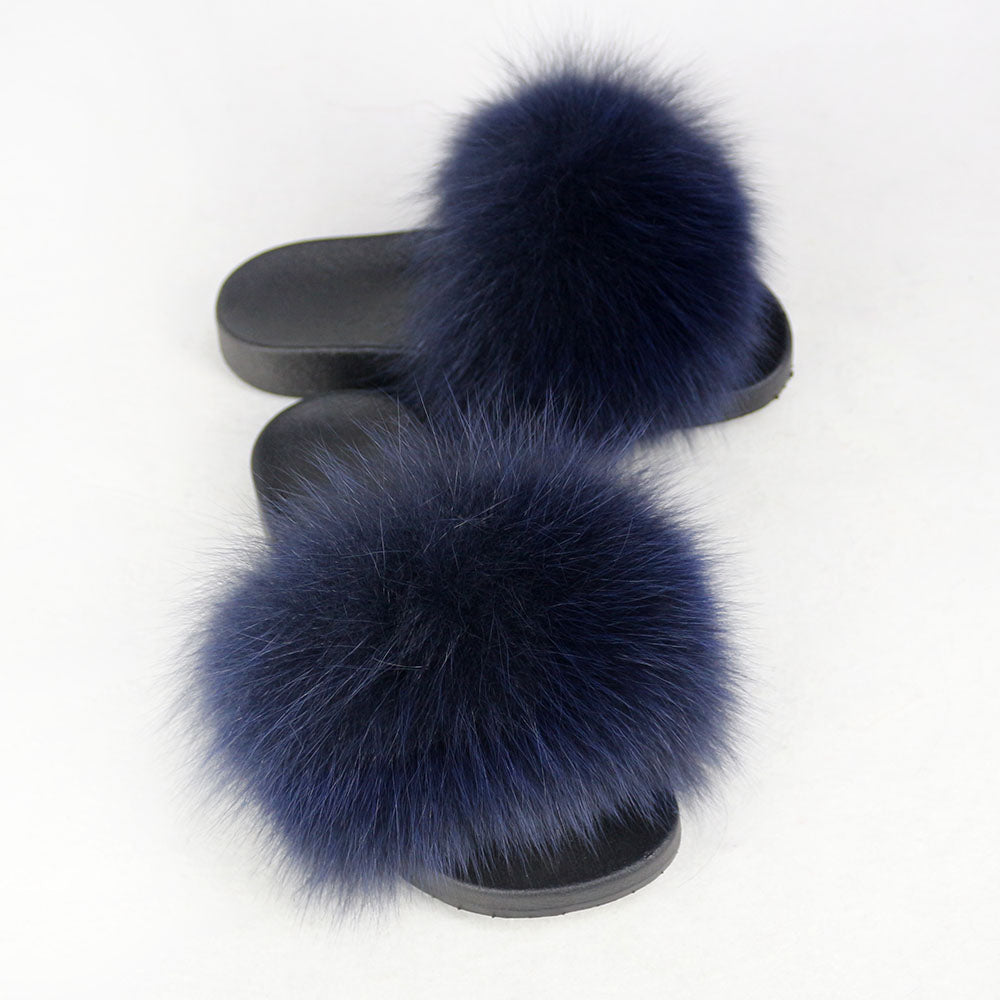Janefur Wholesale Women's Fashion Slippers With Real Fox Fur Trim (Black, Gold, Silver Soles)
