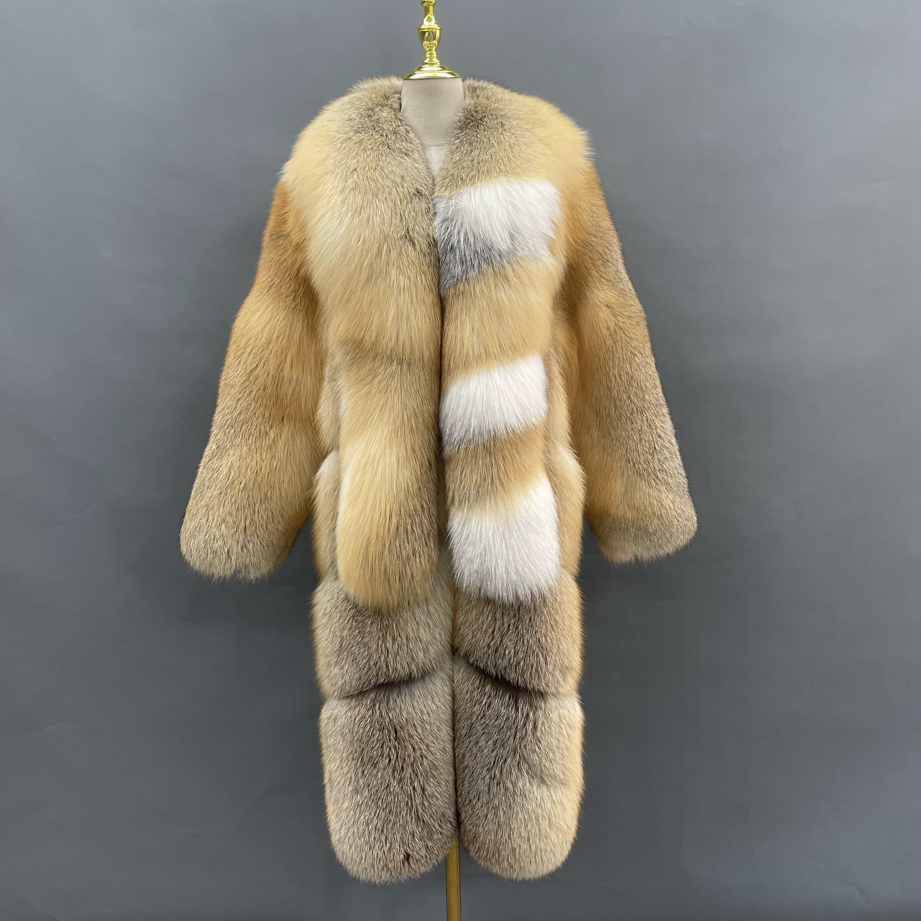 Women's Long Golden Island Fox Fur Coat with Extra Long Collar – Real Luxury Winter Fur Jacket Gold