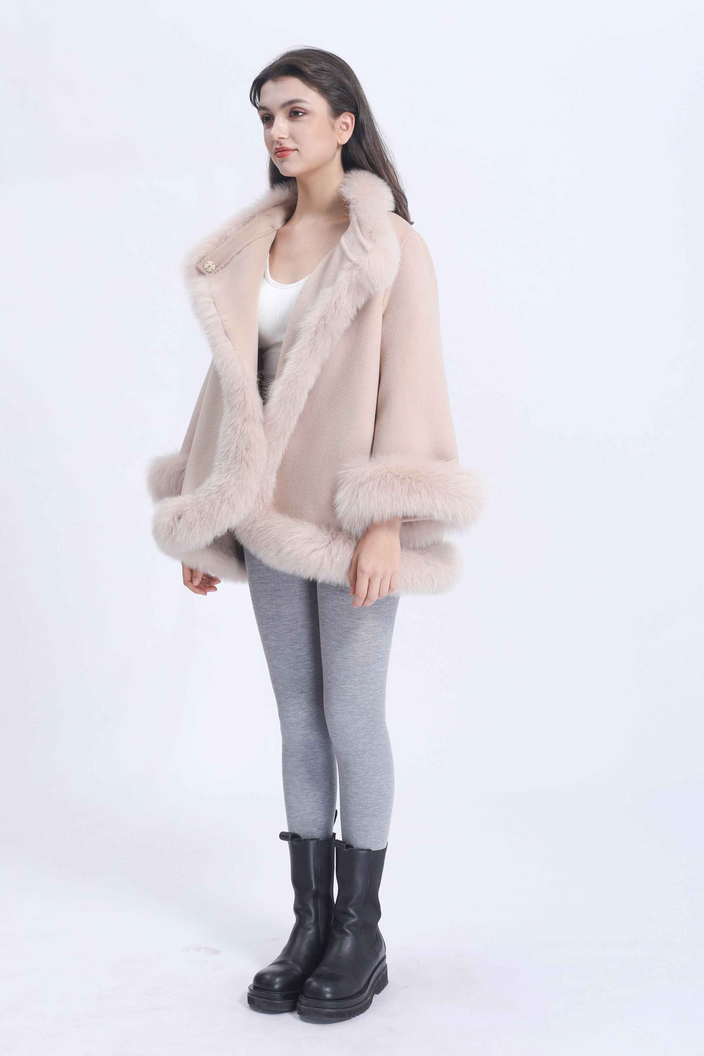 Women's Luxury Double - Faced Wool Cape with Fox Fur Trim