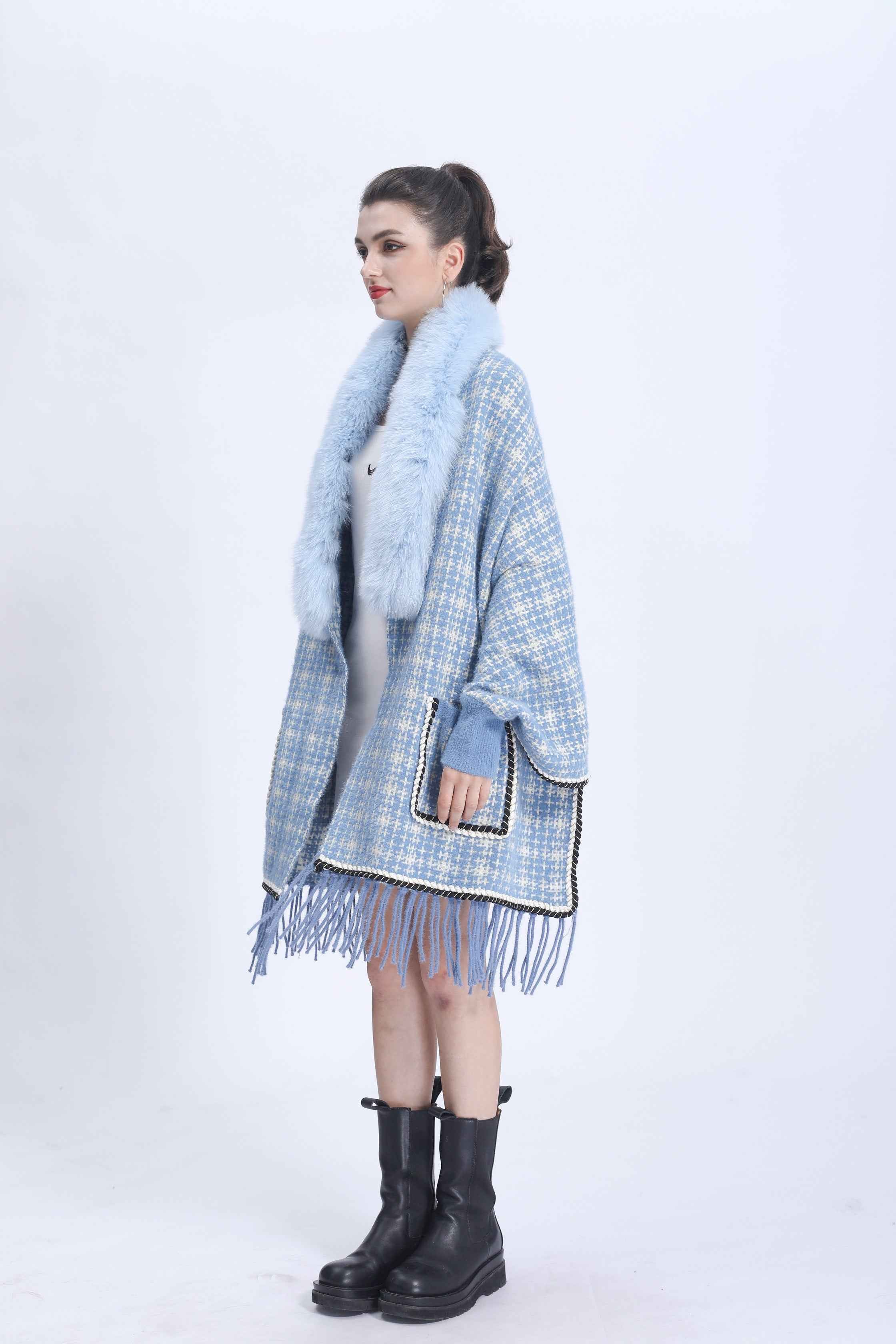 Women's Luxurious Chanel-Style Tweed Check Shawl Cardigan with Fox Fur Collar, Ribbed Cuffs & Fringe Detail - Winter Fashion Outerwear