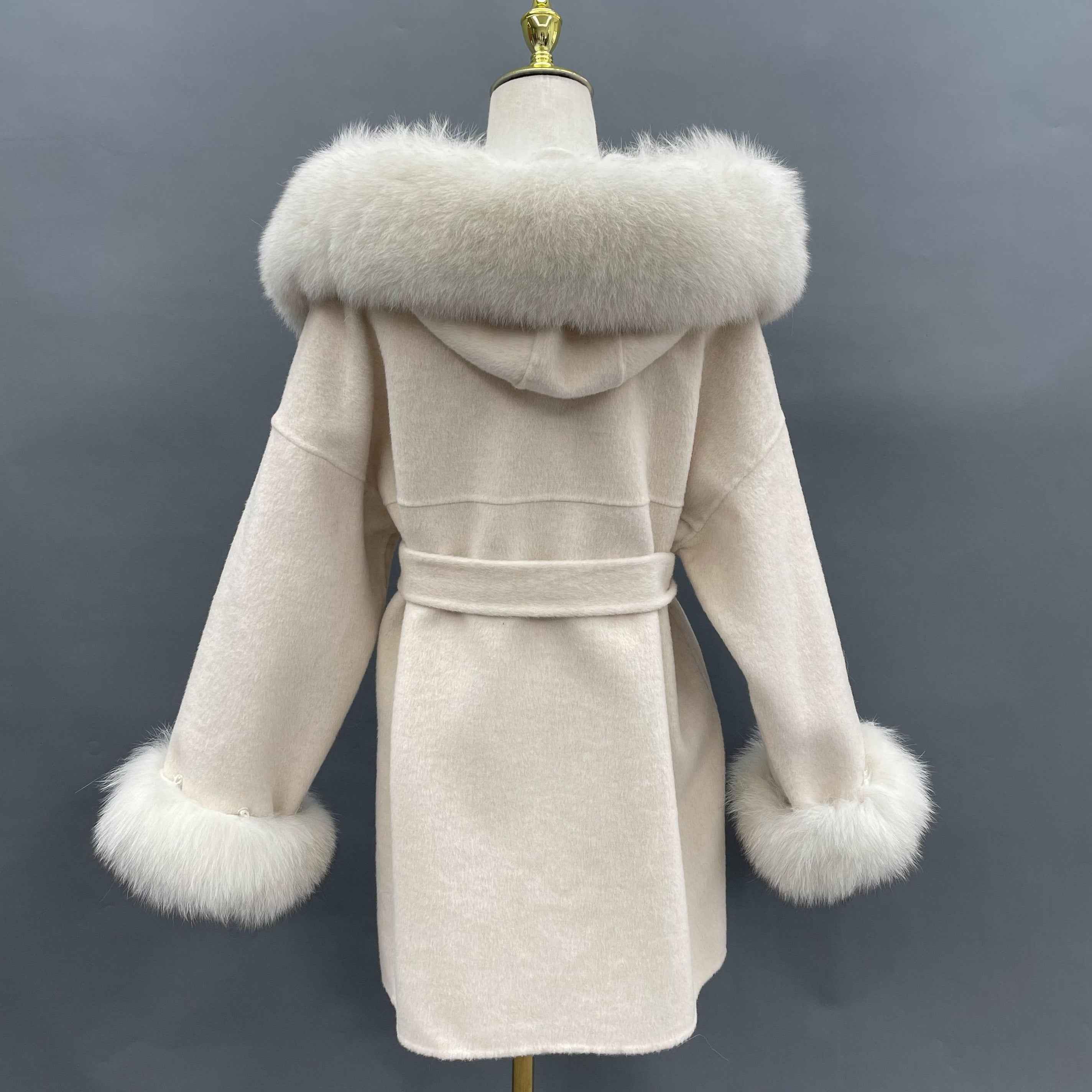 Double - Faced Wool Hooded Coat with Faux Fur Trim on Hood and Cuffs & Tie Waist