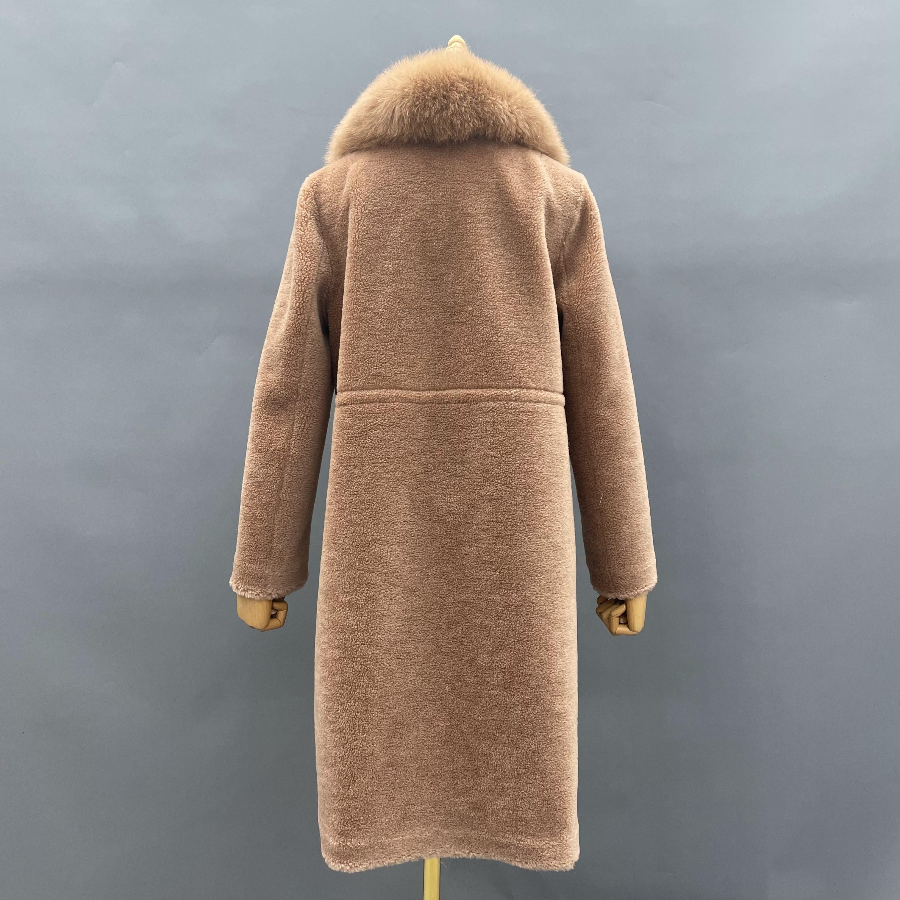 Women's Camel Shearling Long Coat with Shawl Collar, Fox Fur Trim & Waist-Tie Detail - Luxurious Winter Outerwear