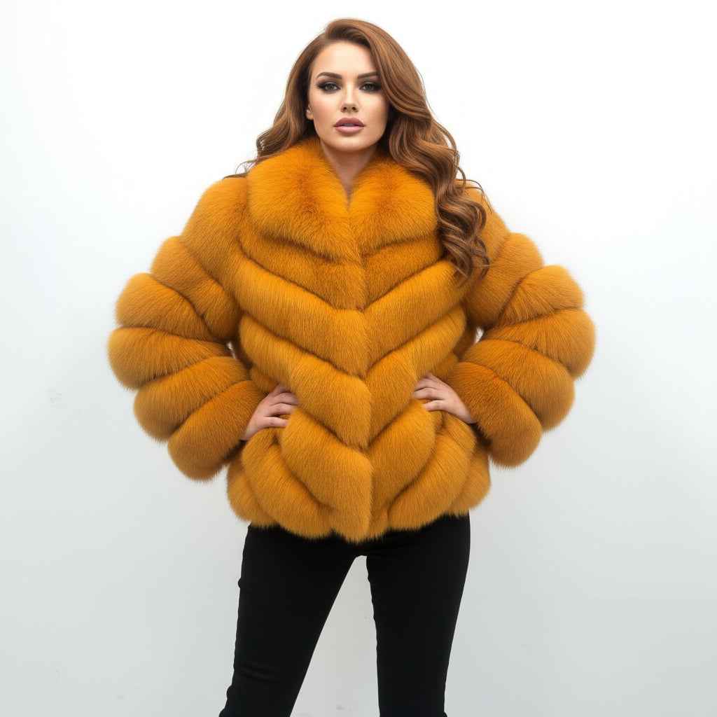 Janefur Fox Fur Coat with Chevron Stripe & Notched Collar - Short Winter Jacket