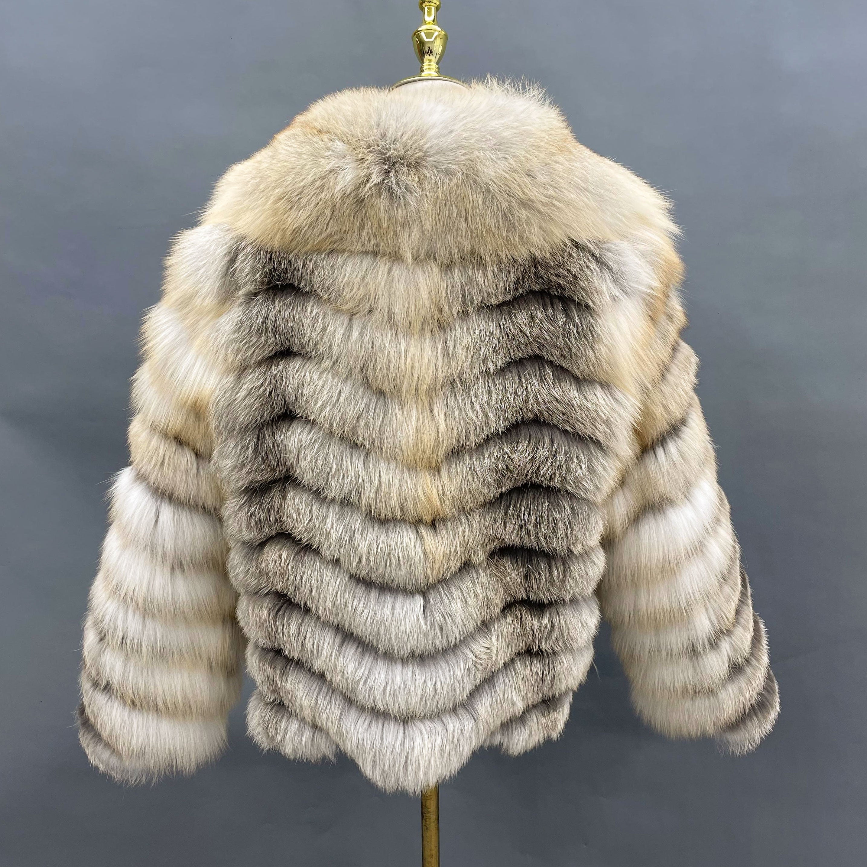 Real Fox Fur Jacket for Women – Short Length, Carved Stripe Design, Large Collar Winter Outerwear