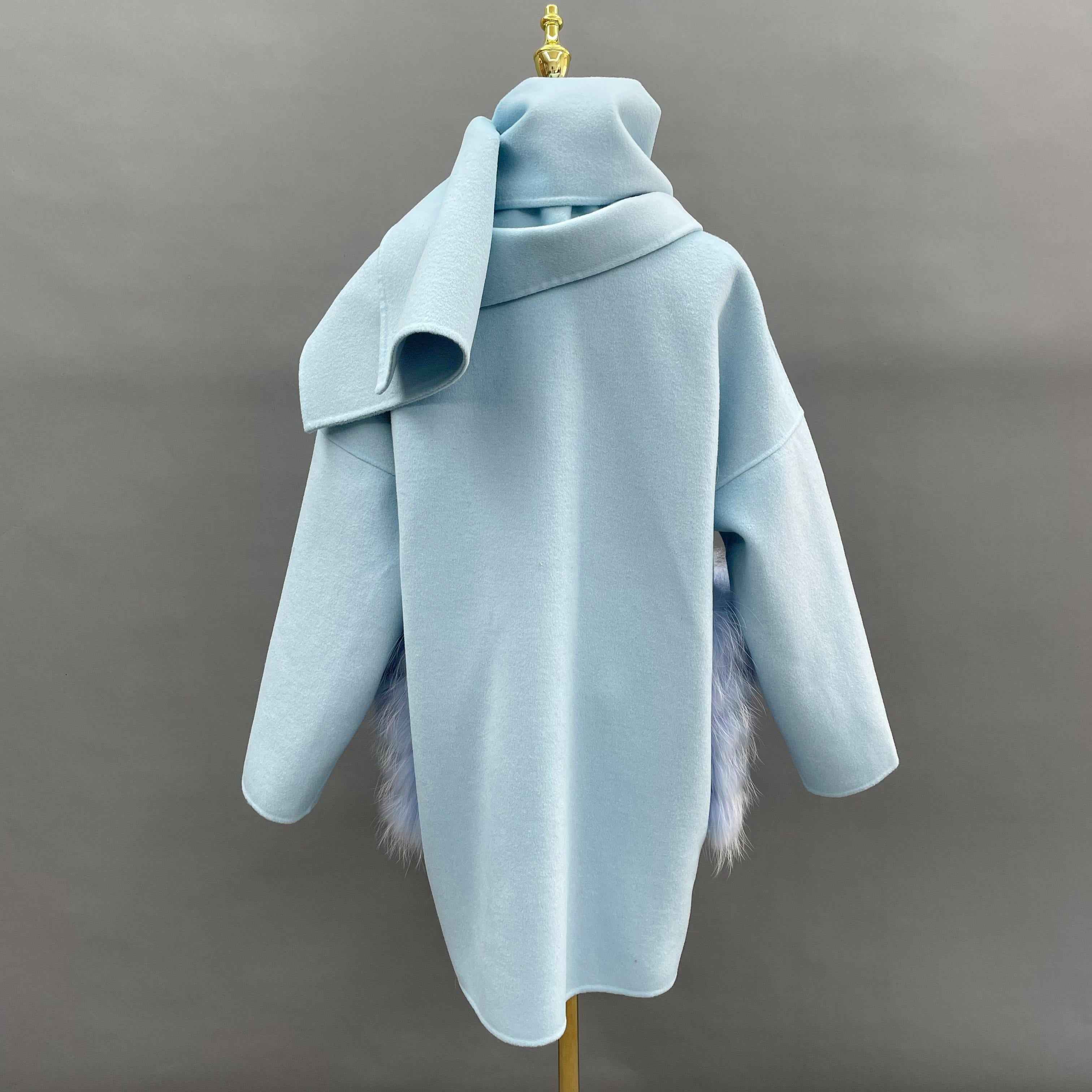 Women's Luxury Double - Faced Wool Coat with Integrated Scarf & Fox Fur Pockets, Relaxed Fit Elegant Winter Outerwear