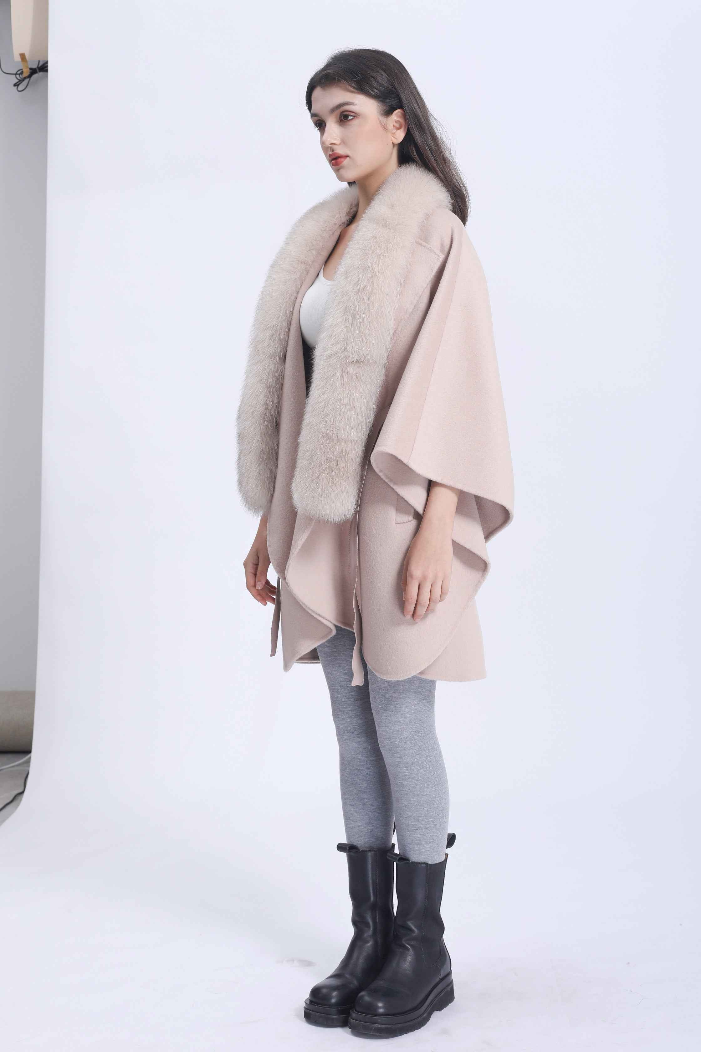 Women's Luxury Double - Faced Wool Cape with Fox Fur Collar and Leather Belt, Elegant Winter Outerwear