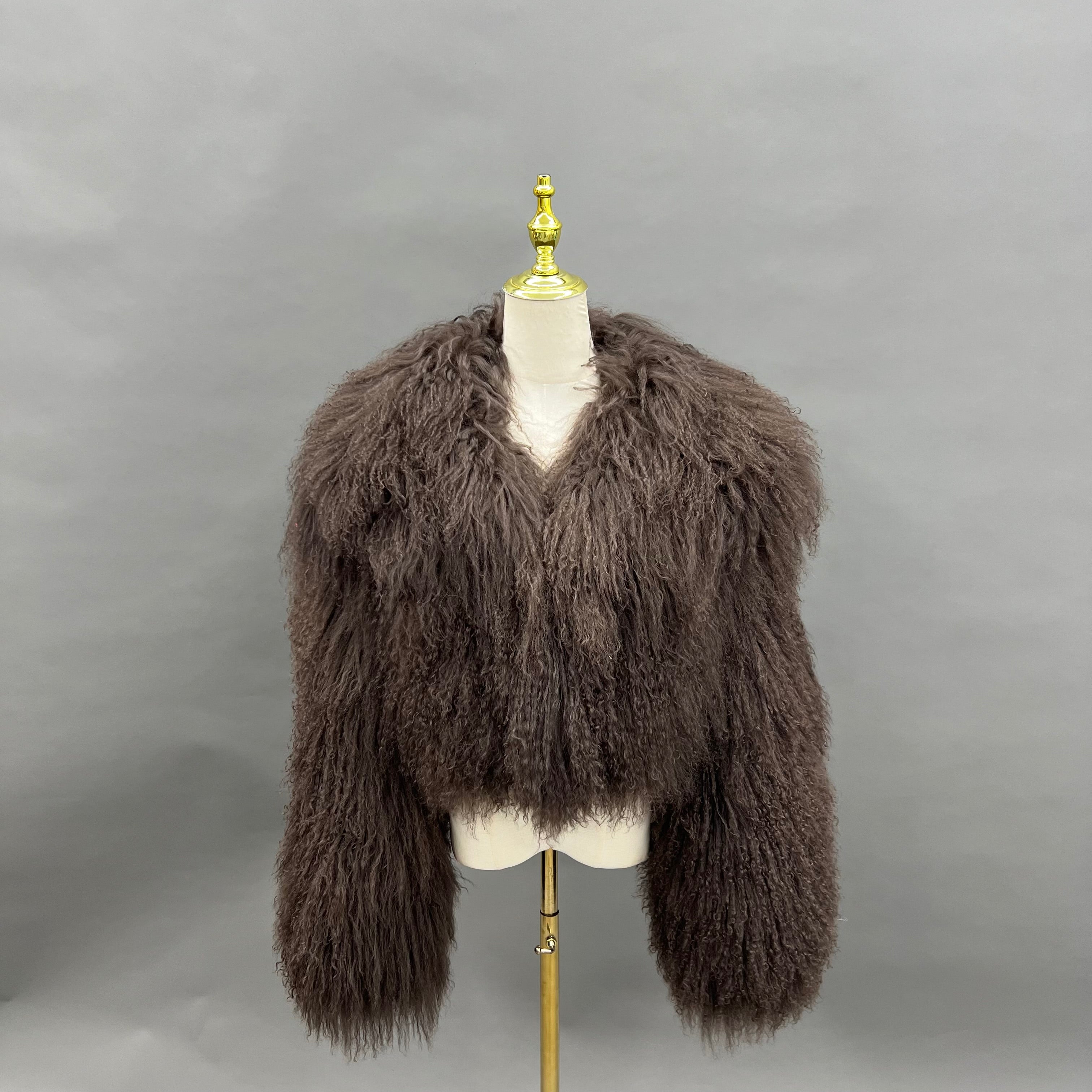 Luxury Mongolian Cashmere Lamb Fur Jacket – Long Curly Hair, V-Neck Short Coat for Women, Cozy & Stylish Winter Outerwear