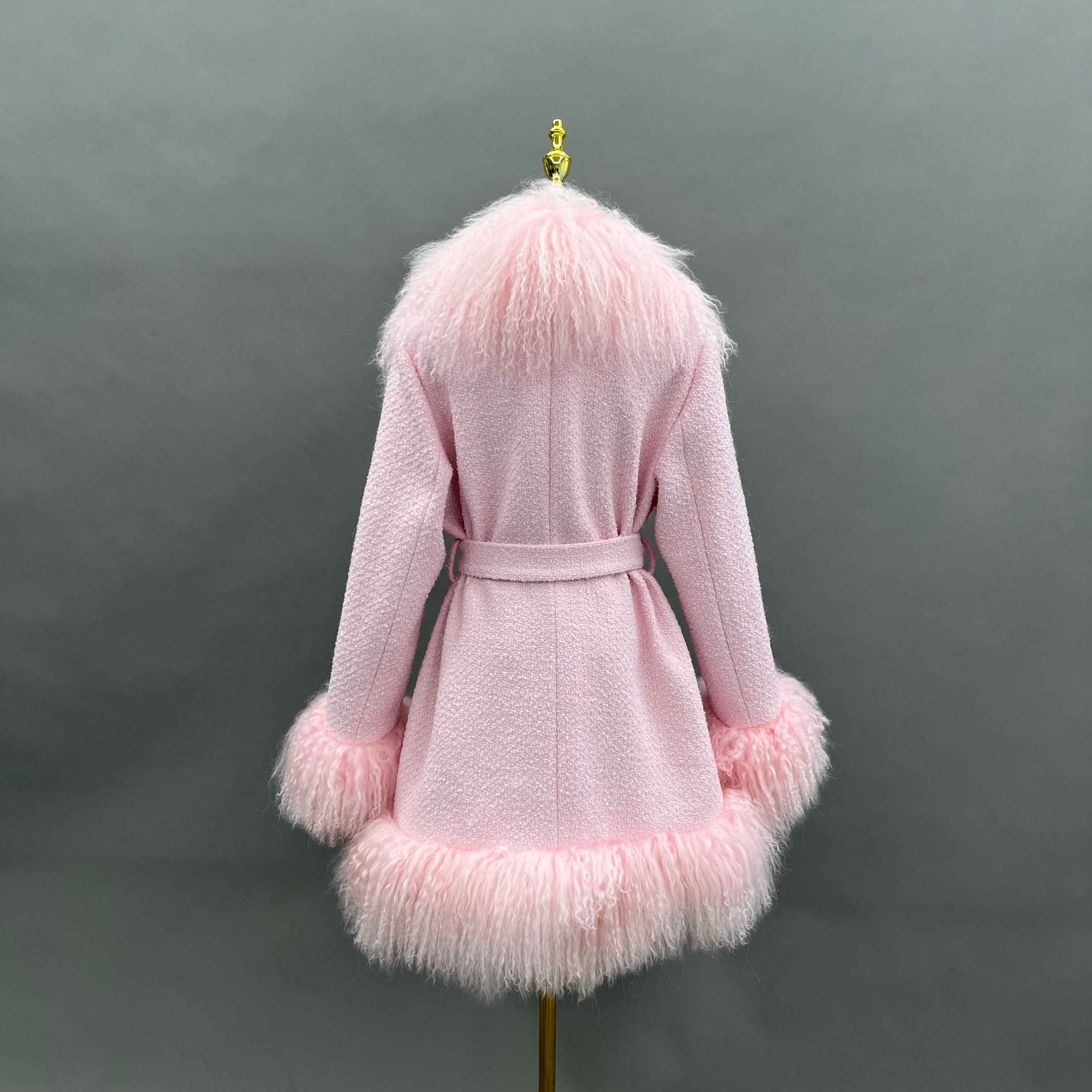 Cashmere Mid-Length Coat with Tibetan Lamb Fur Collar, Cuffs and Tie Waist