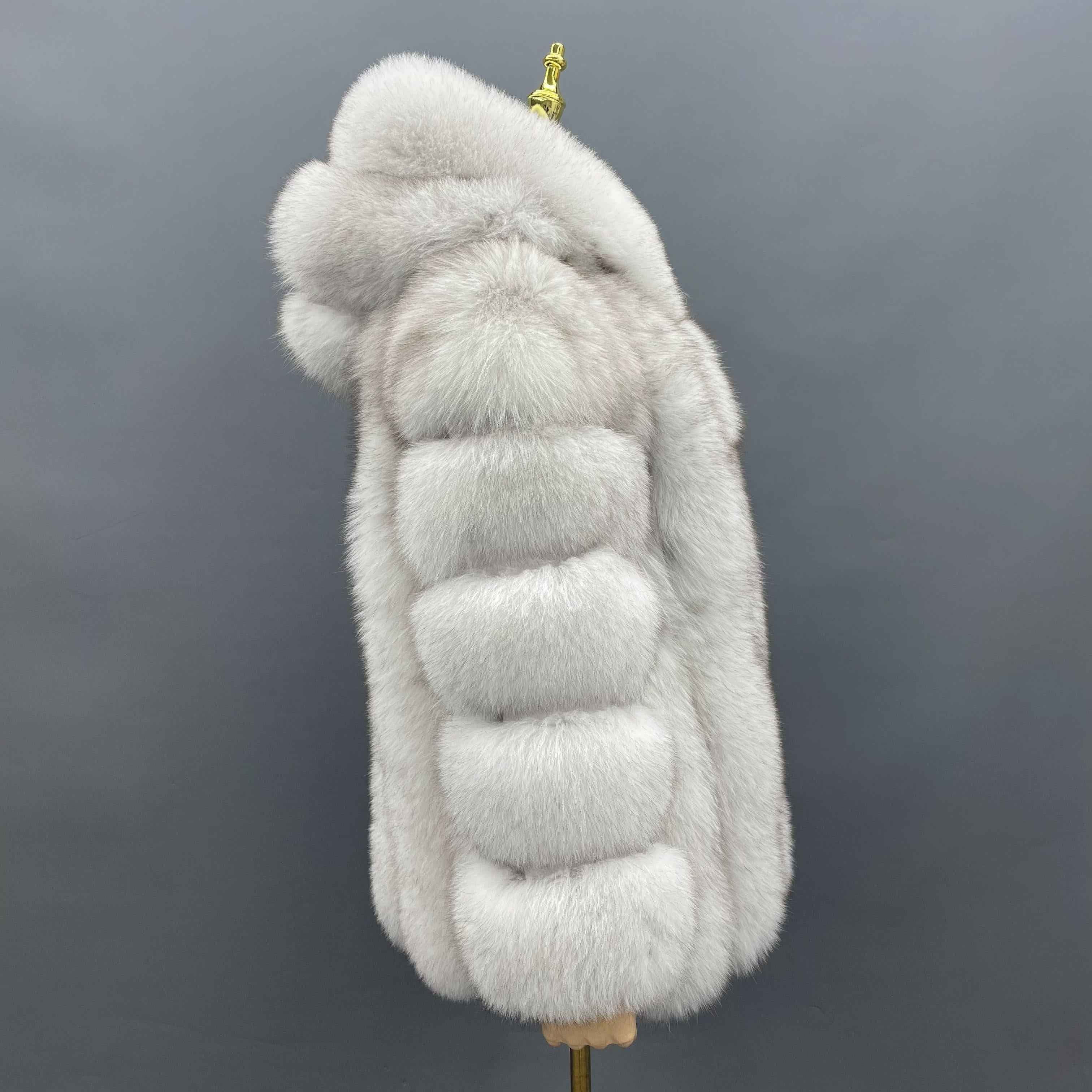 Women's Luxury White Fox Fur Hooded Coat - Vertical Stripe Body & 5-Panel Sleeves Winter Warm Jacket