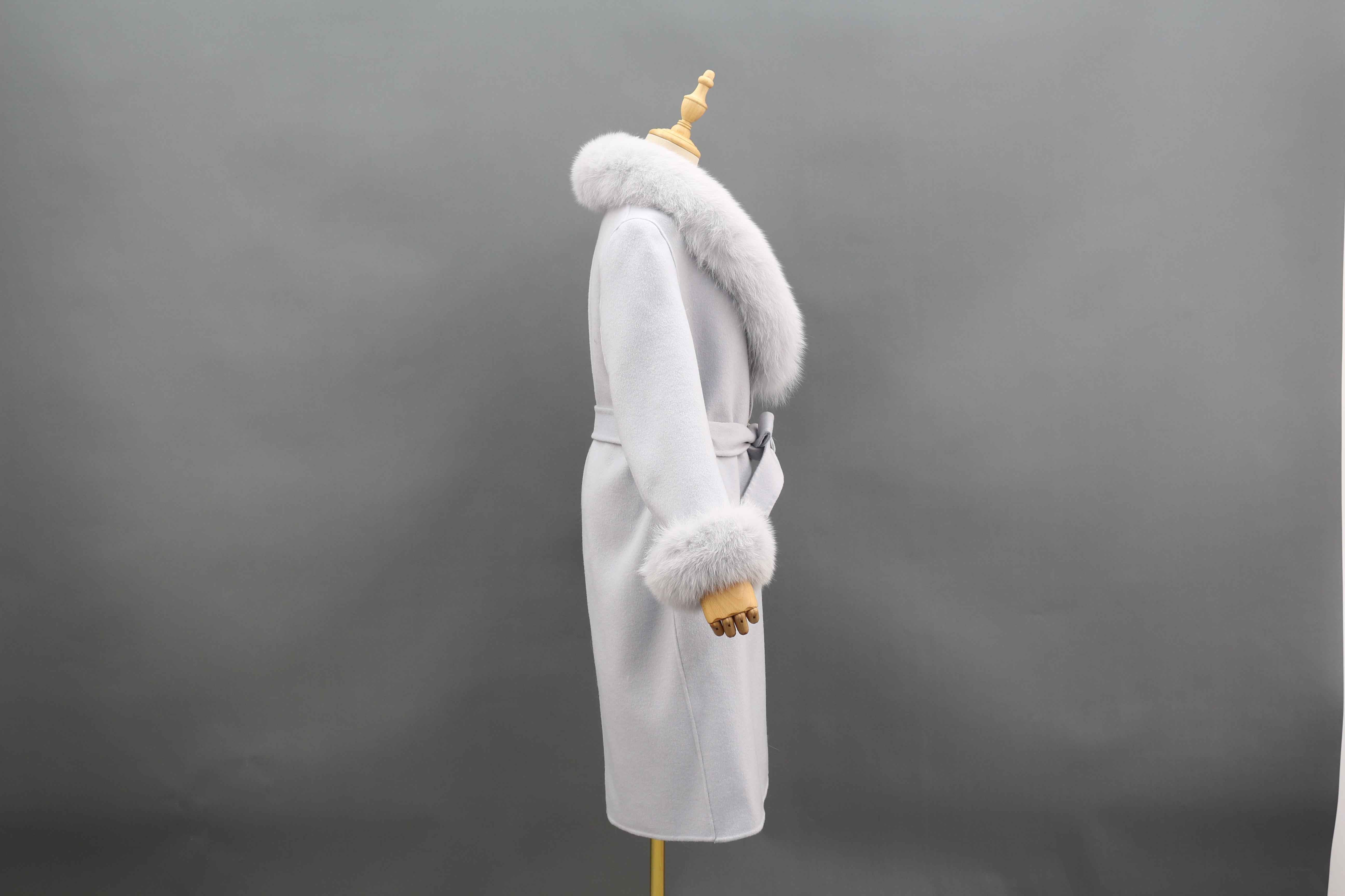 Luxurious Double - Faced Wool Long Coat with Large Fox Fur Collar, Fur Cuffs and Tie Waist