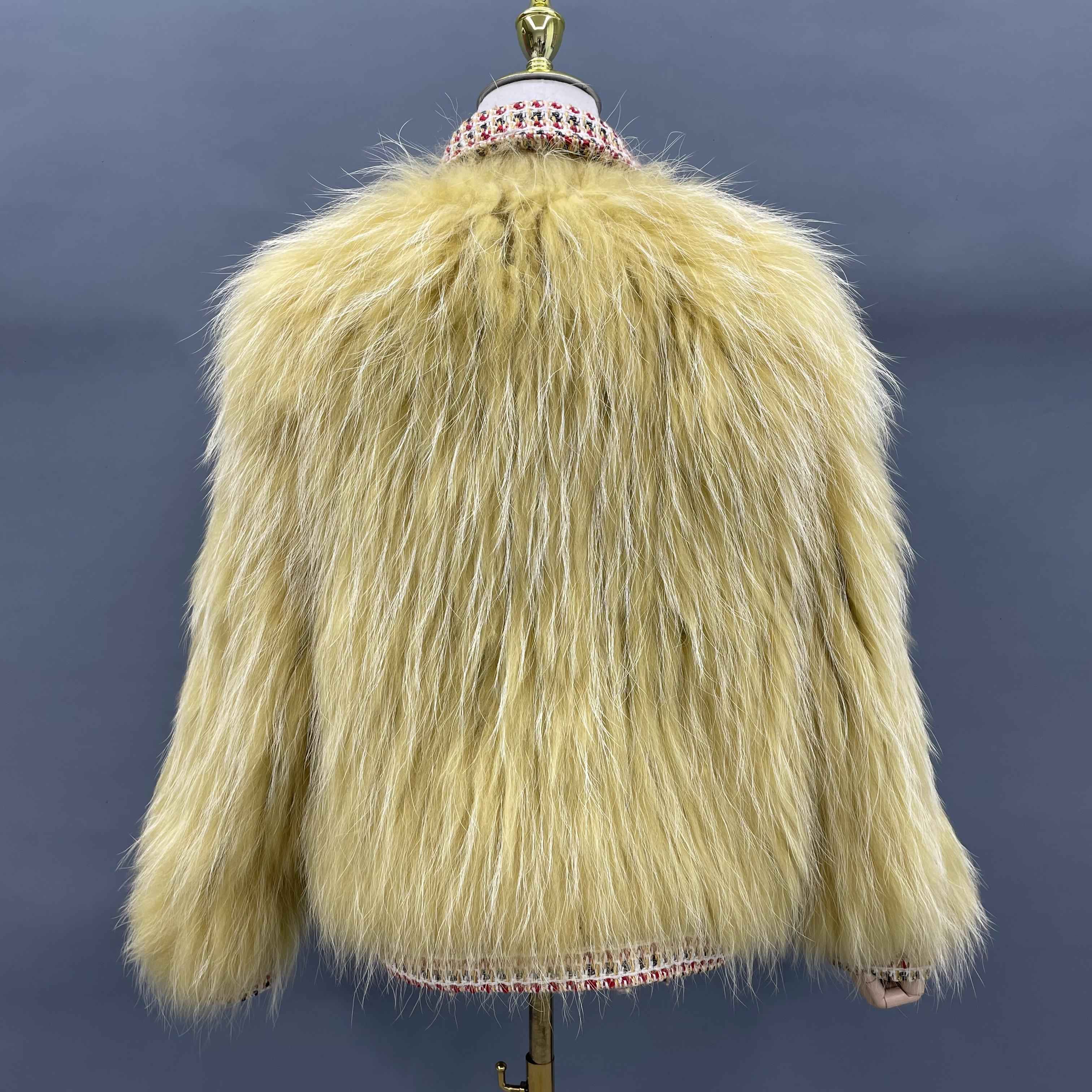 Women's Luxurious Raccoon Dog Fur Jacket with Chanel-Style Tweed & Notched Lapel - Knitted Winter Outerwear