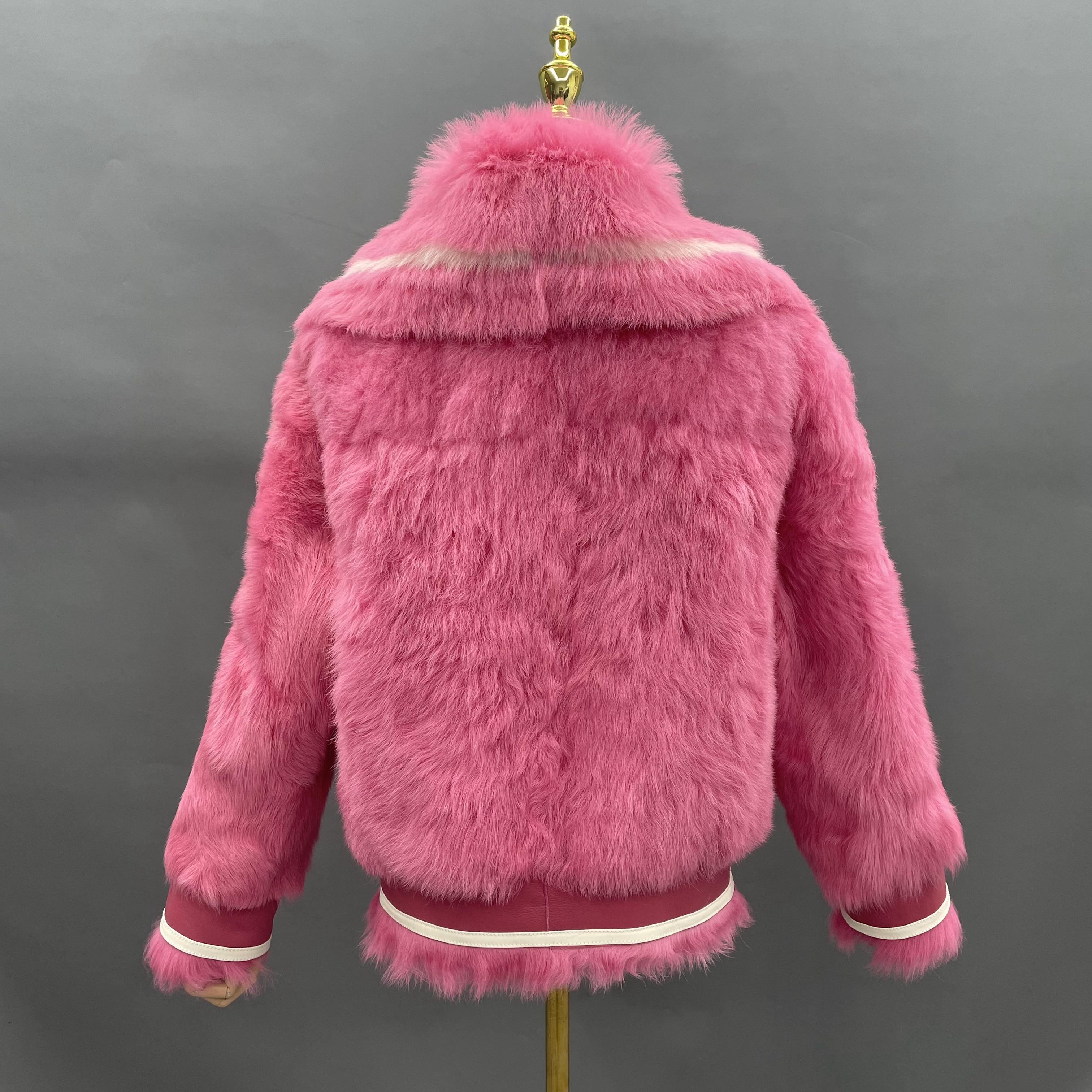 Women's Pink Shearling Jacket with Nautical Oversized Collar & Contrast Trim - Trendy Winter Outerwear