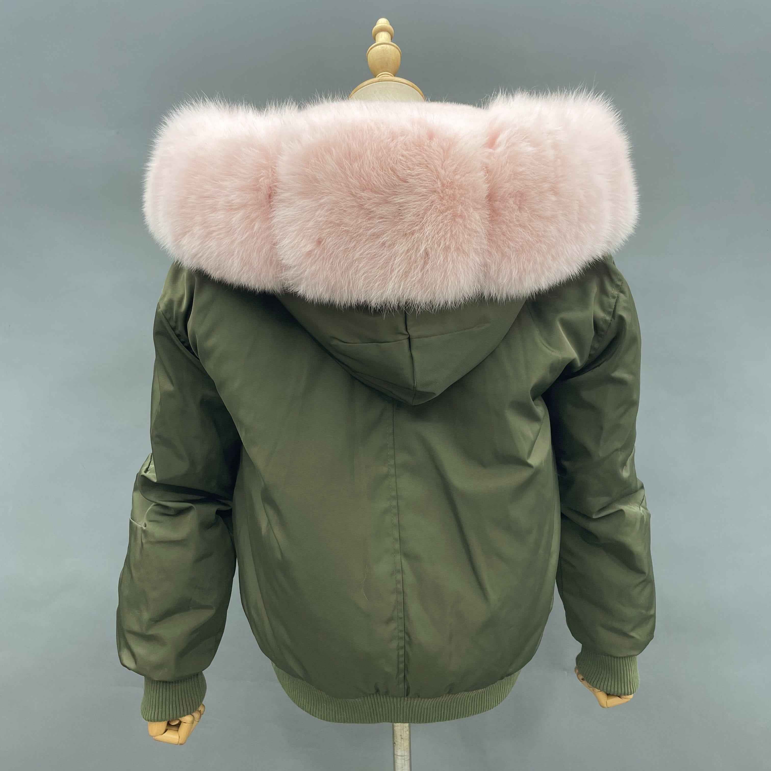 Women's Bomber Jacket with Pink Fox Fur Collar & Front Trim – Luxury Aviator Coat, Furry Winter Fashion Statement Piece