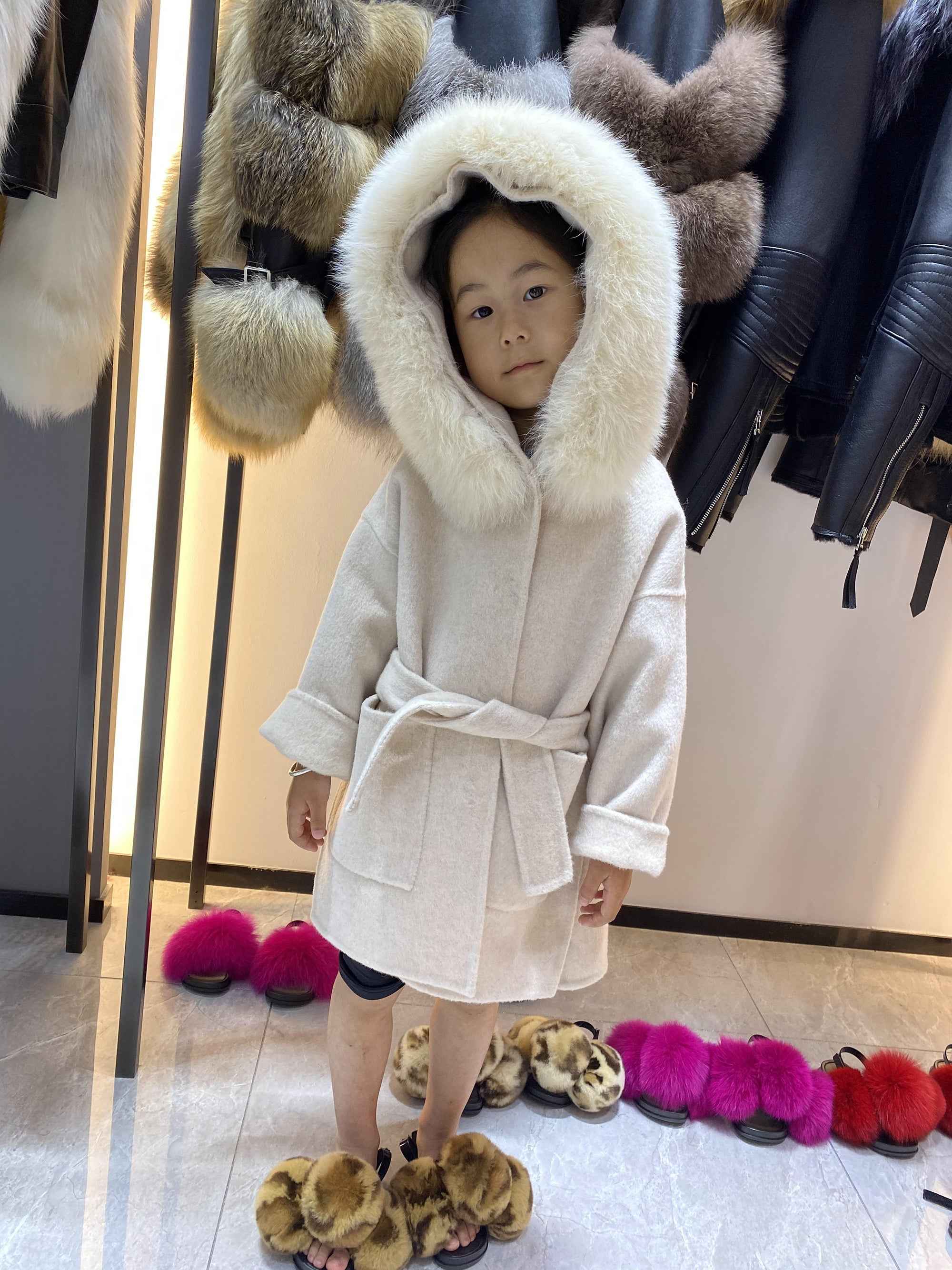 Janefur Children's cashmere belt hooded coat