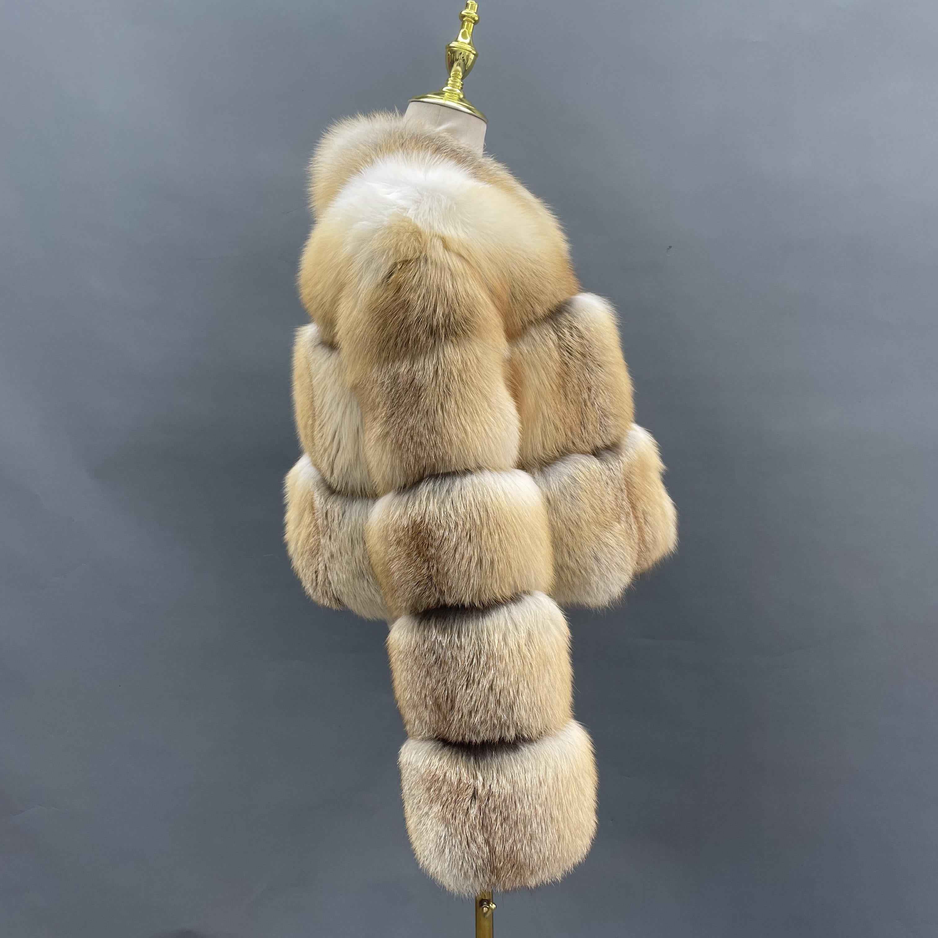 Women’s Stand Collar Fox Fur Jacket with Five-Section Sleeves – Elegant Short Coat in Cream and Brown for Luxury Winter Fashion