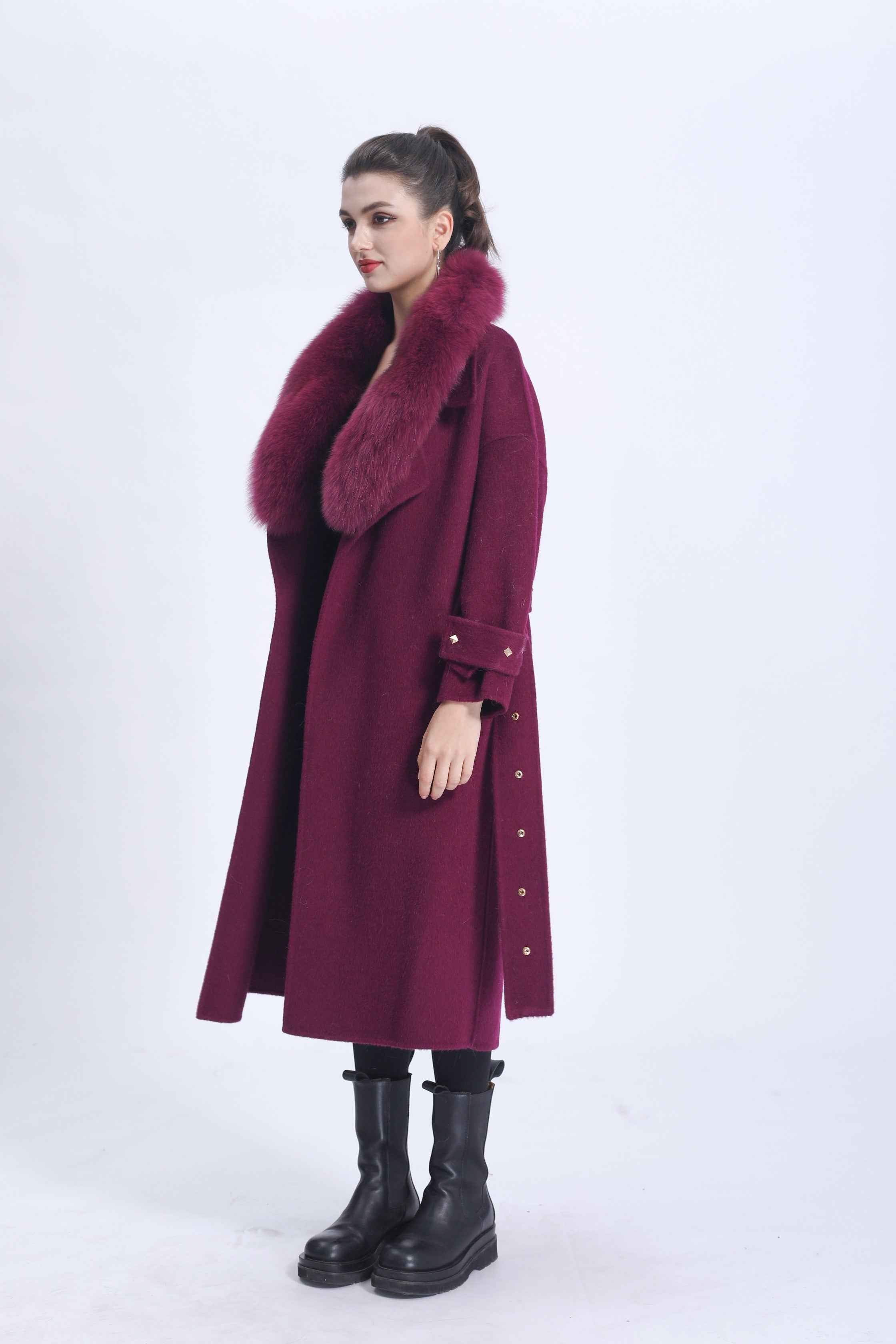 Luxury Double-Faced Wool Coat with Fox Fur Collar and Studded Button Detailing – Elegant Long Overcoat for Women