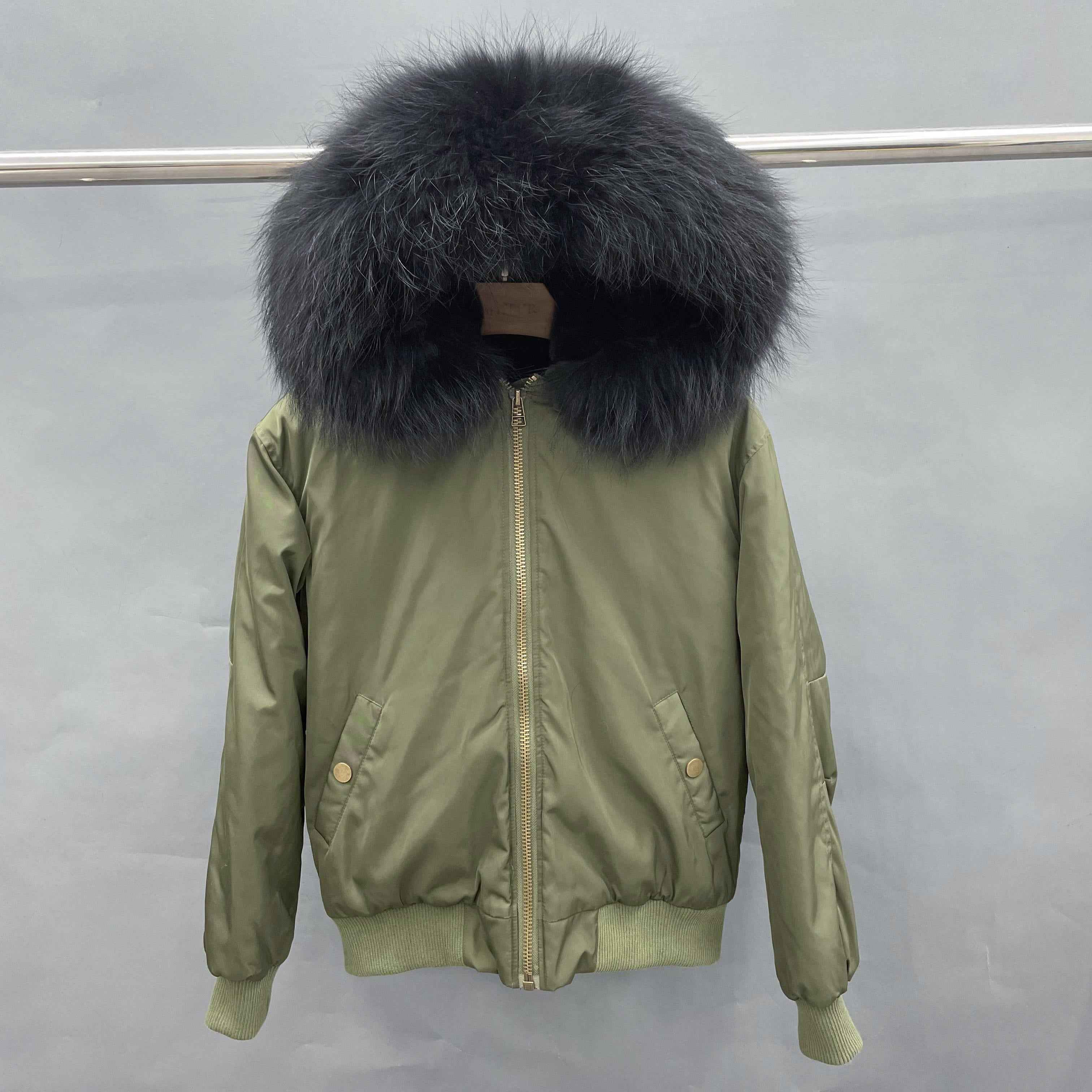 Women's Bomber Jacket with Raccoon Fur Collar – Winter Flight Jacket, Faux Fur Trim Aviator Coat for Cold Weather 2#Green
