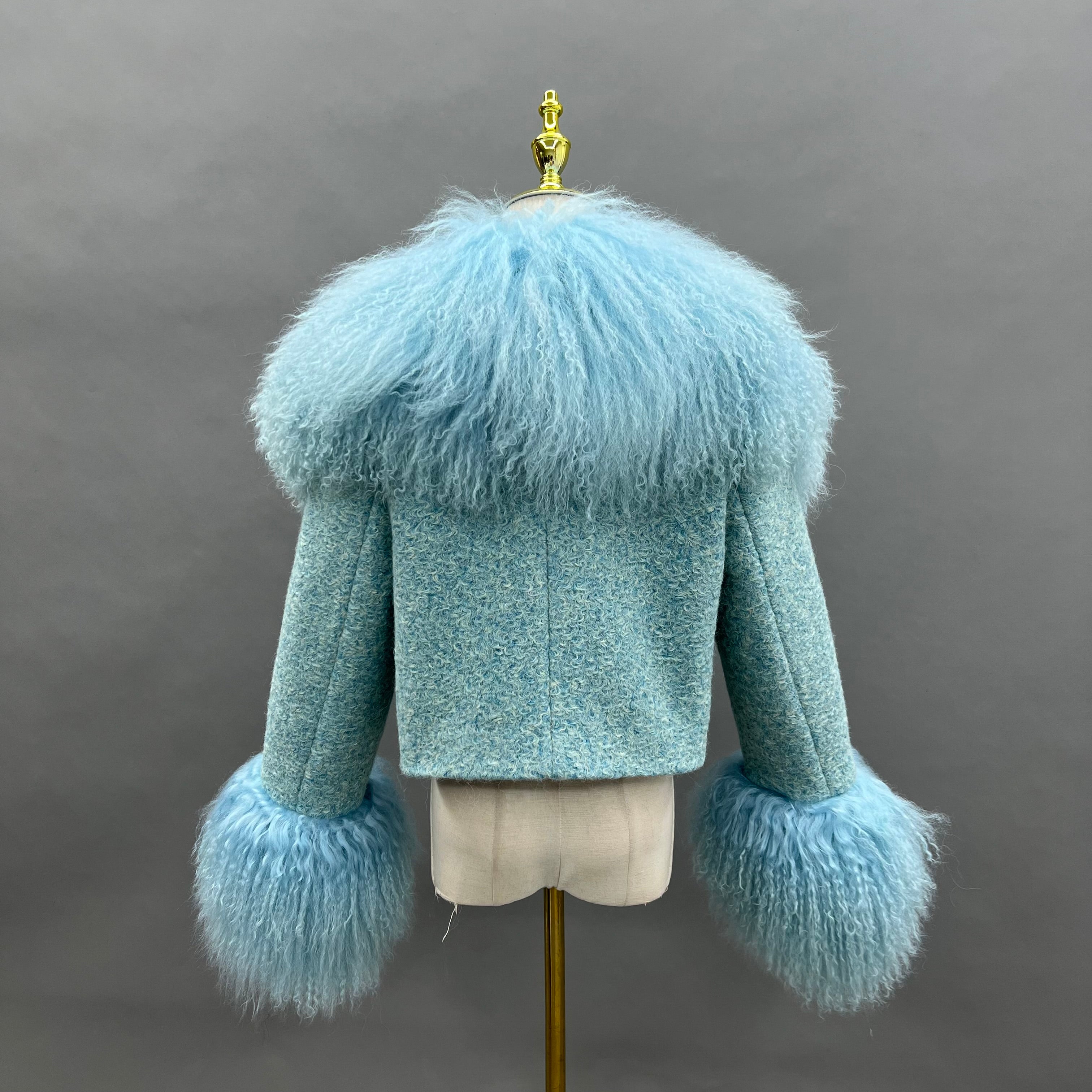 Women's Ivory Mongolian Lamb Fur Trimmed Jacket – Knit Body with Faux Fur Collar & Pom-Pom Sleeves, Elegant Winter Outerwear