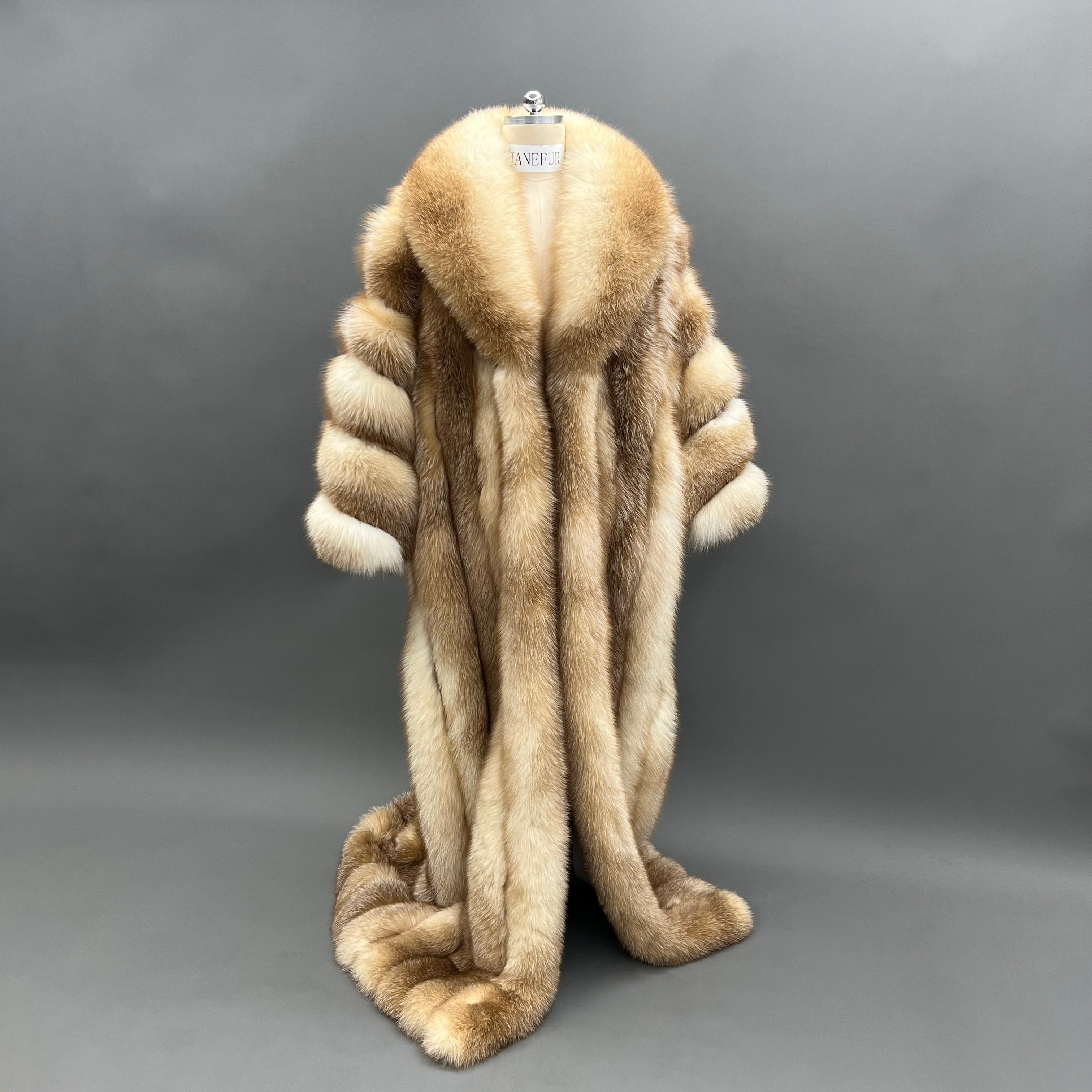 Women’s Extra Long Real Fox Fur Coat – Full-Length Luxury Fur Jacket with Wide Sleeves for Elegant Winter Fashion 2#Gold