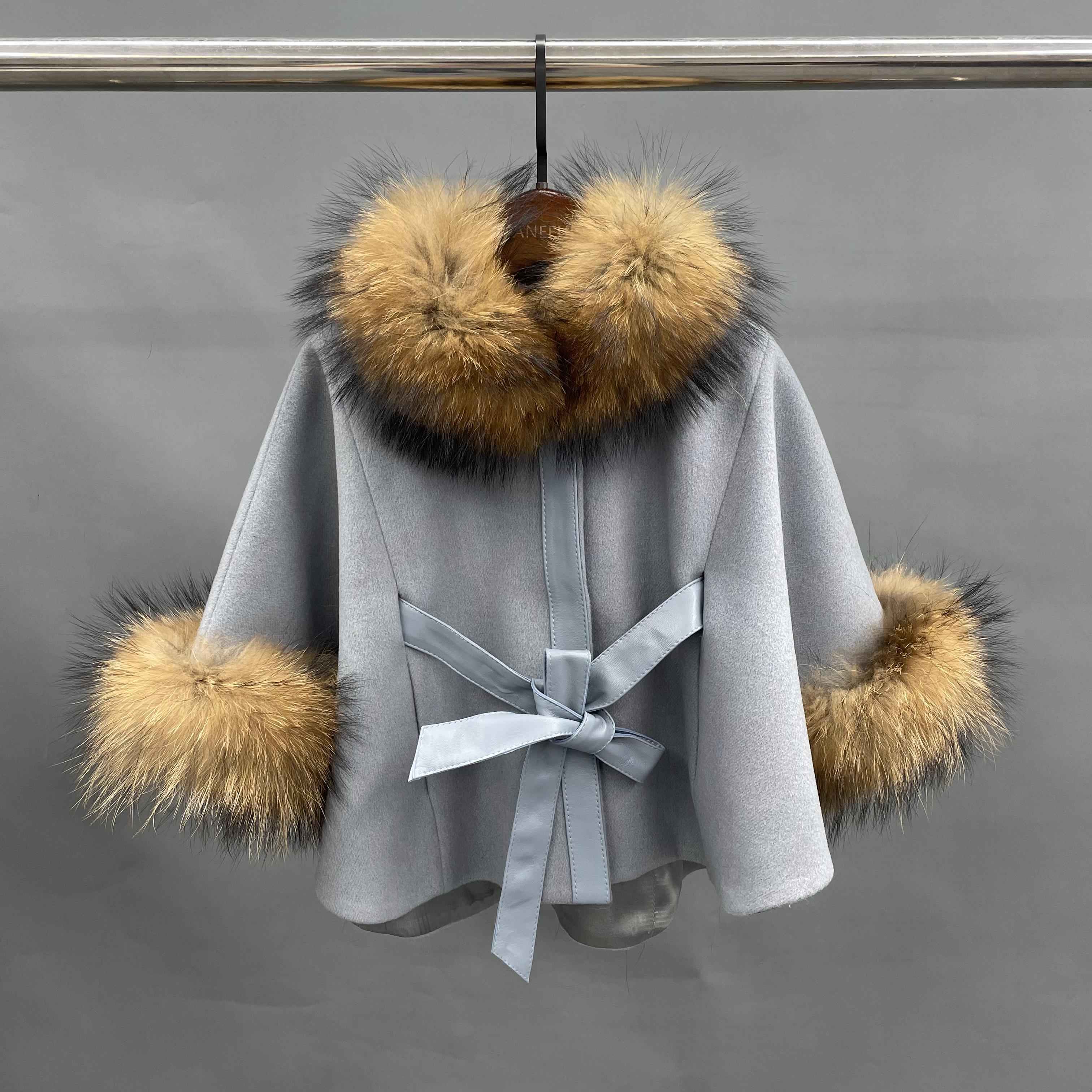Children's raccoon fur shawl kid's Poncho Cape with fur