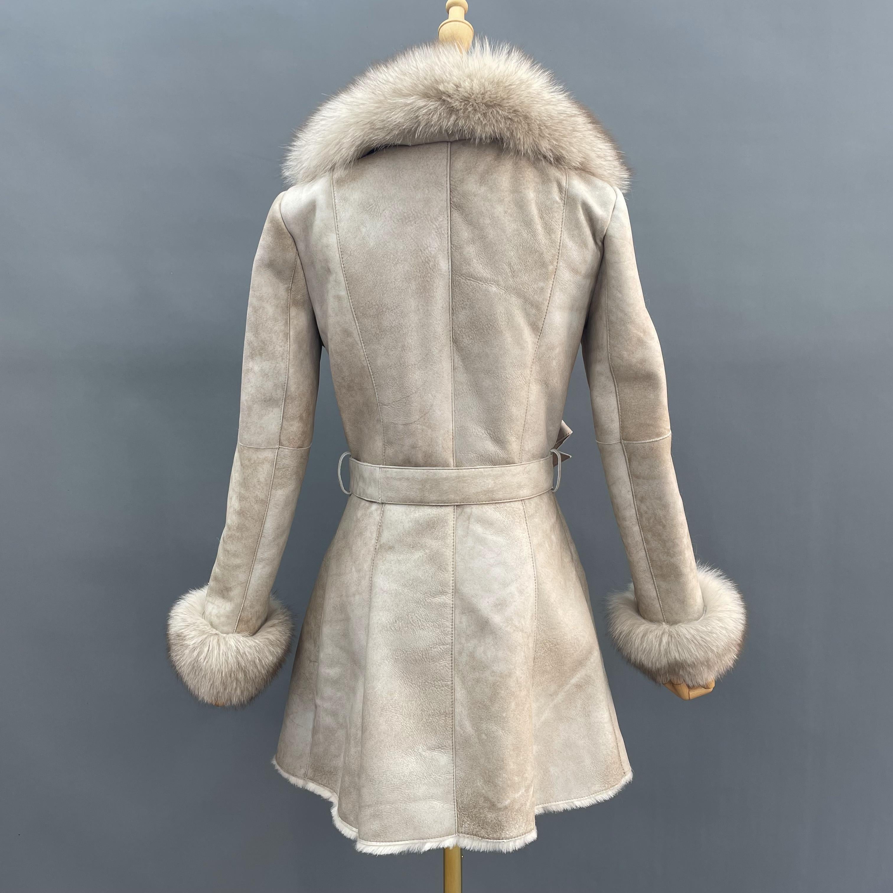 Women's Mid-Length Shearling Coat with Fox Fur Notched Lapel, Belted Waist & Cuff Trim - Luxe Winter Outerwear