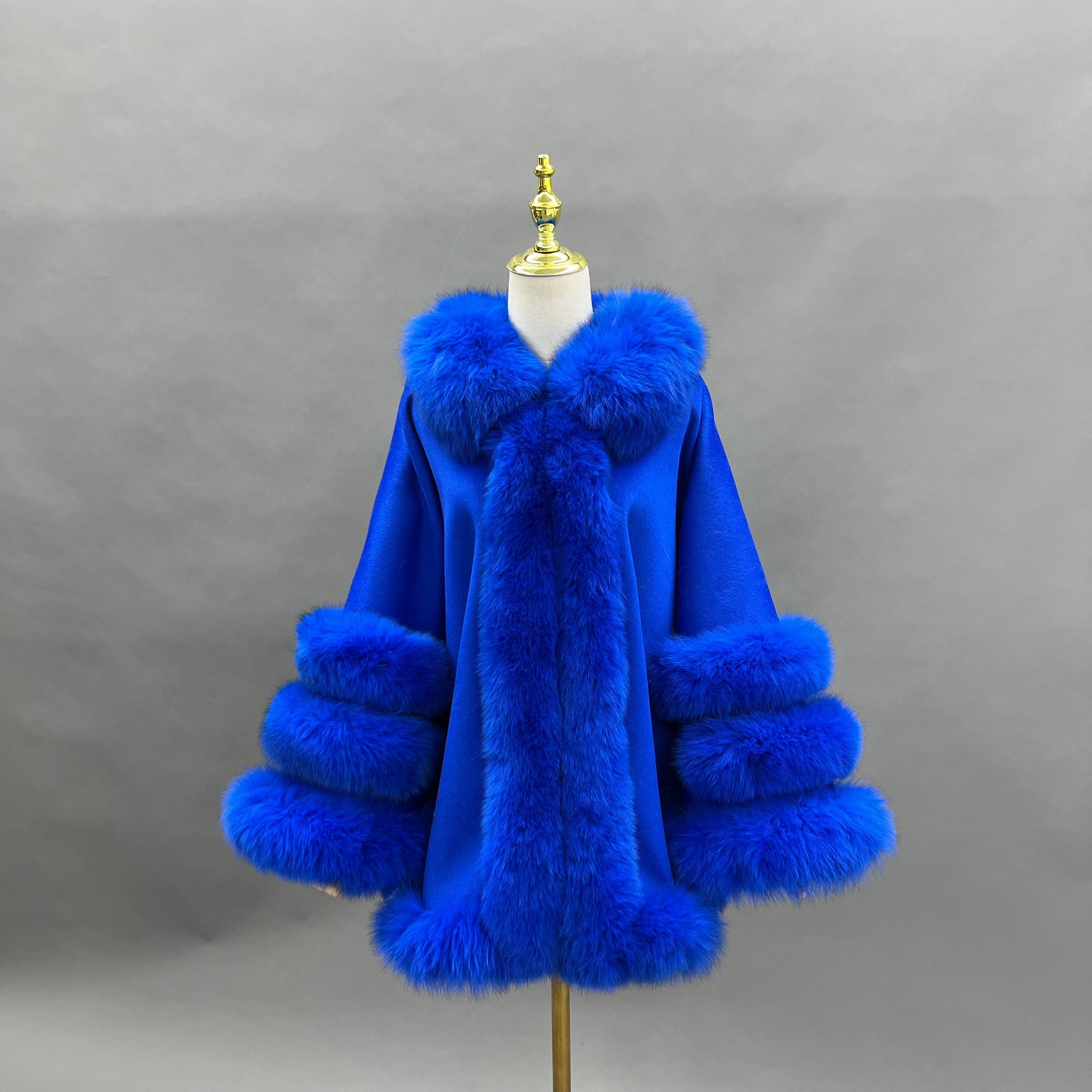 Women’s Camel Wool Cape with Real Fox Fur Trim – Elegant Sleeveless Coat for Luxury Winter Fashion 1#Blue M