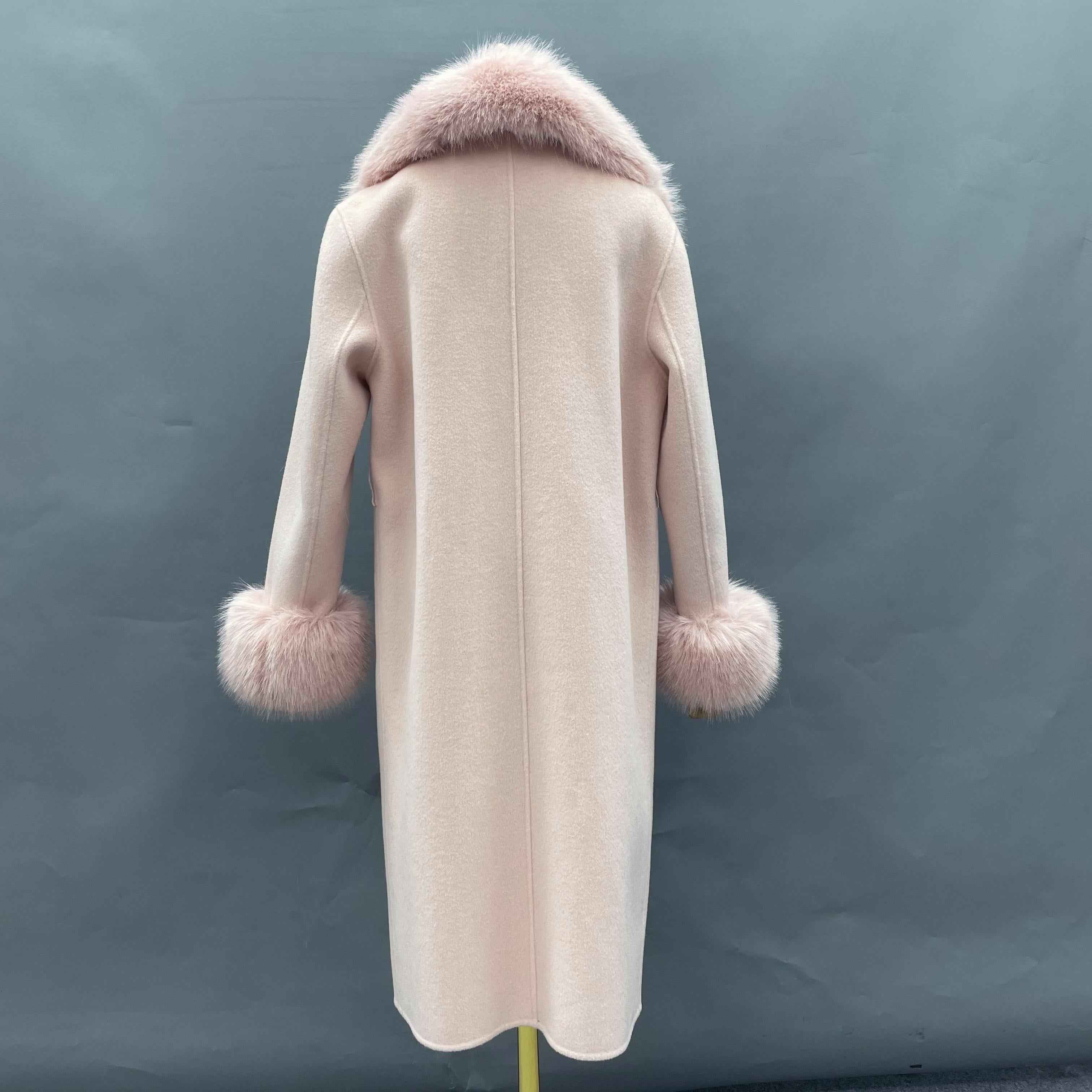 Elegant Double - Faced Wool Long Coat with Faux Fur Collar, Faux Fur Cuffs and Double - Breasted Design