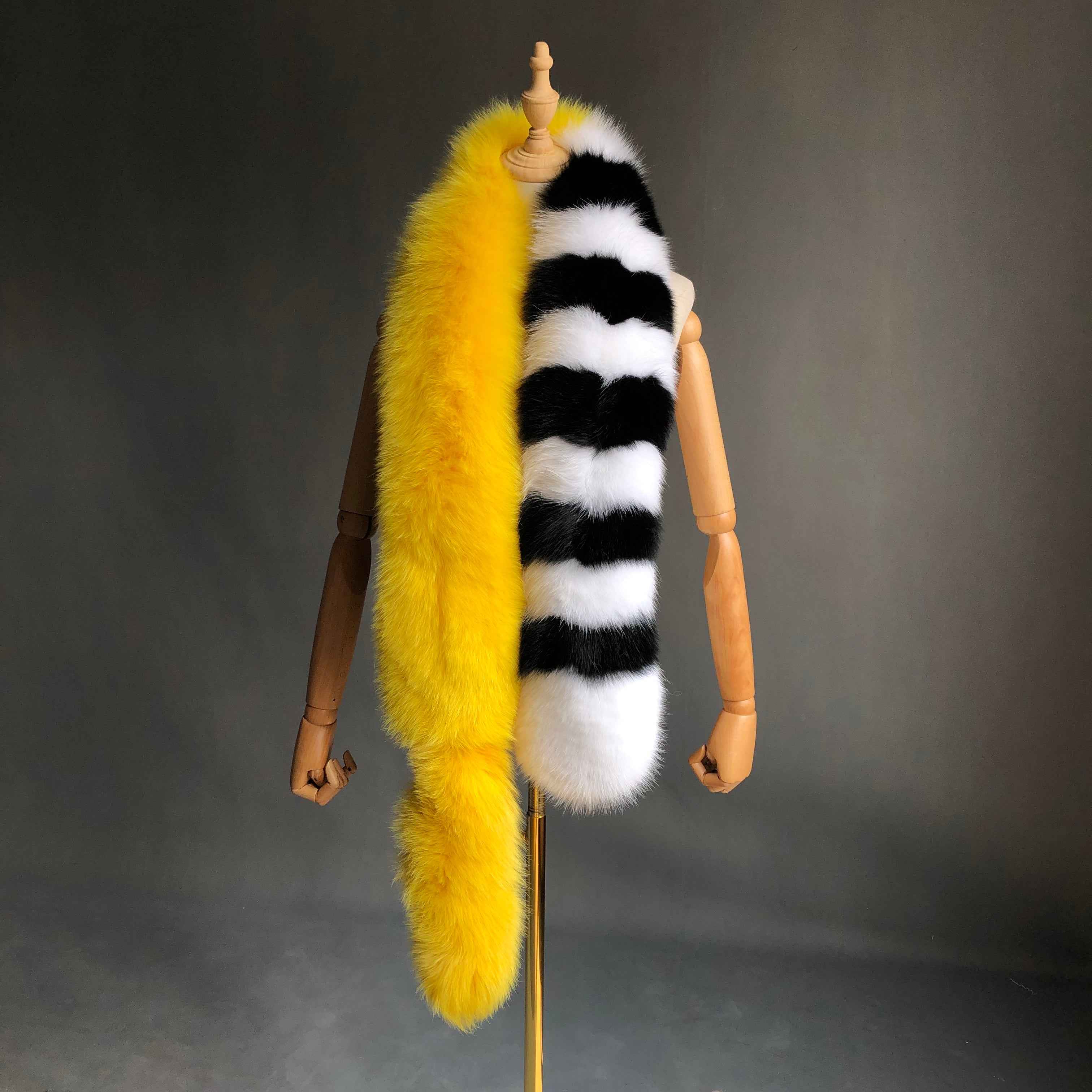 Women's Luxurious Fox Fur Tail Scarf - Unique Winter Fashion Accessory Yellow F