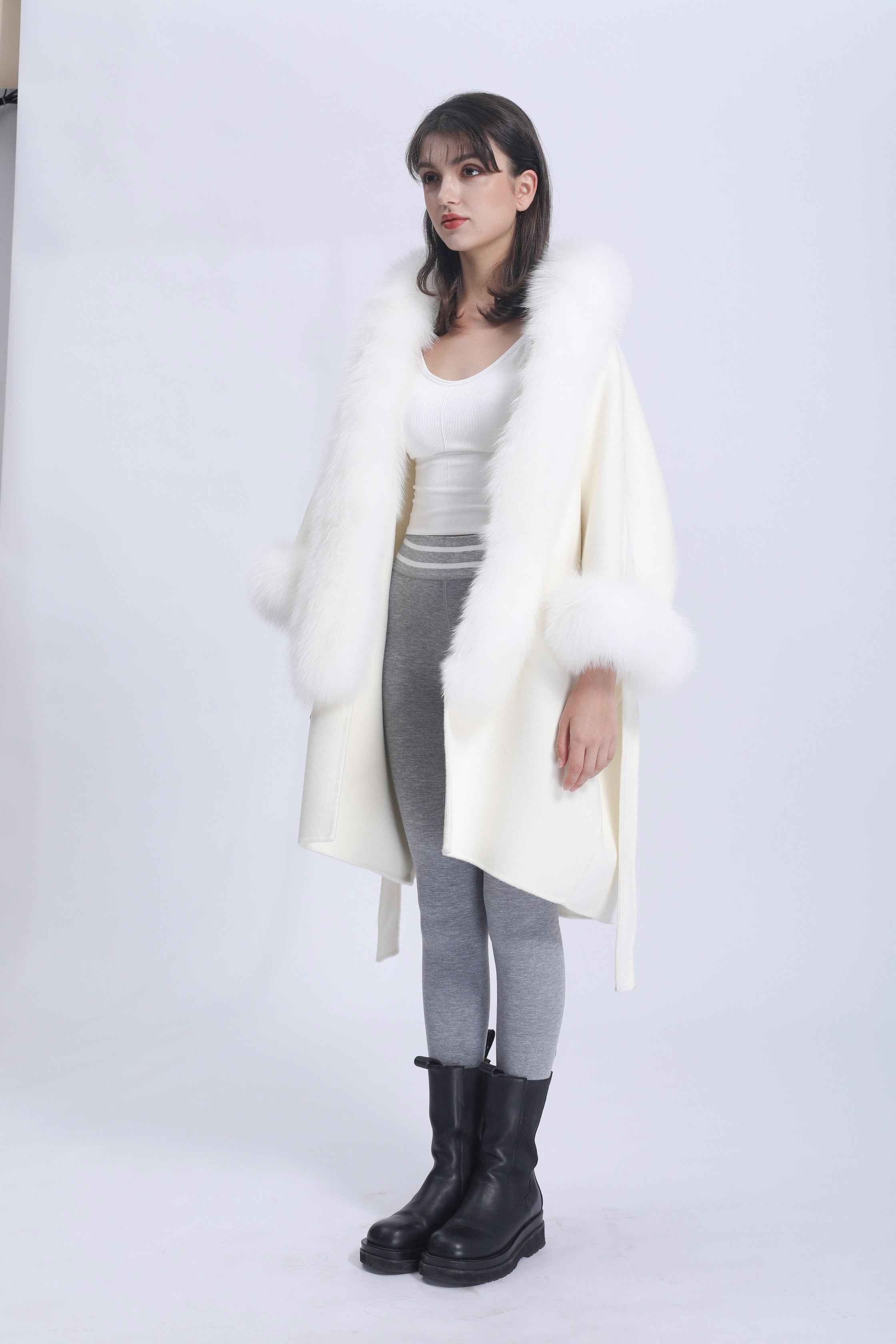 Asymmetrical Double-Faced Wool Coat with Fox Fur Trim Hood and Cuffed Sleeves – High Low Hem Luxury Overcoat