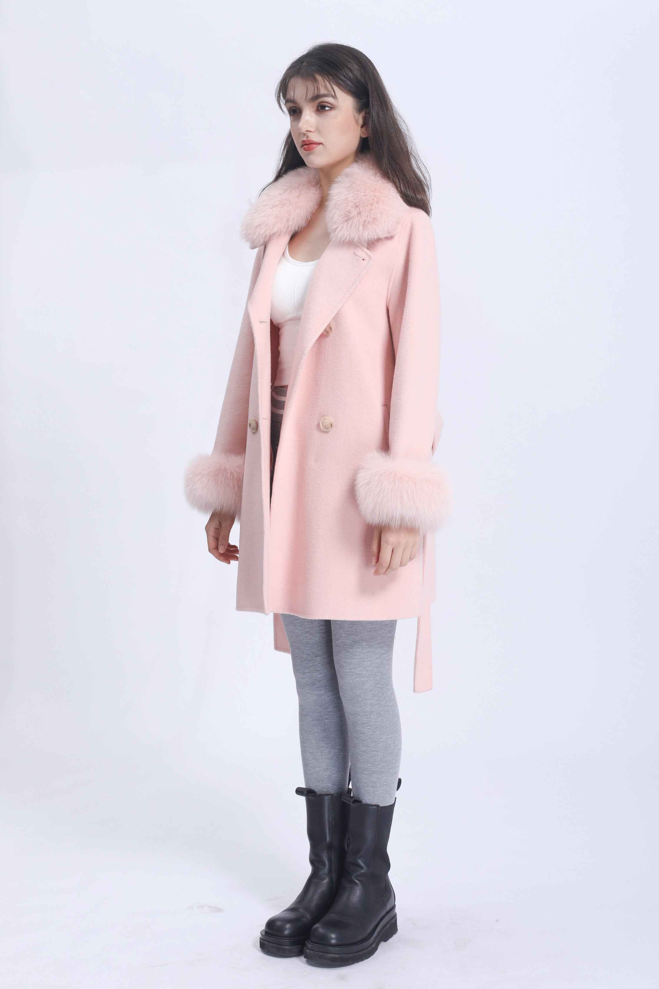 Women's Luxury Double - Faced Wool Coat with Fox Fur Collar & Cuffs, Notched Collar, Double - Breasted, Belted Mid - Length Outerwear