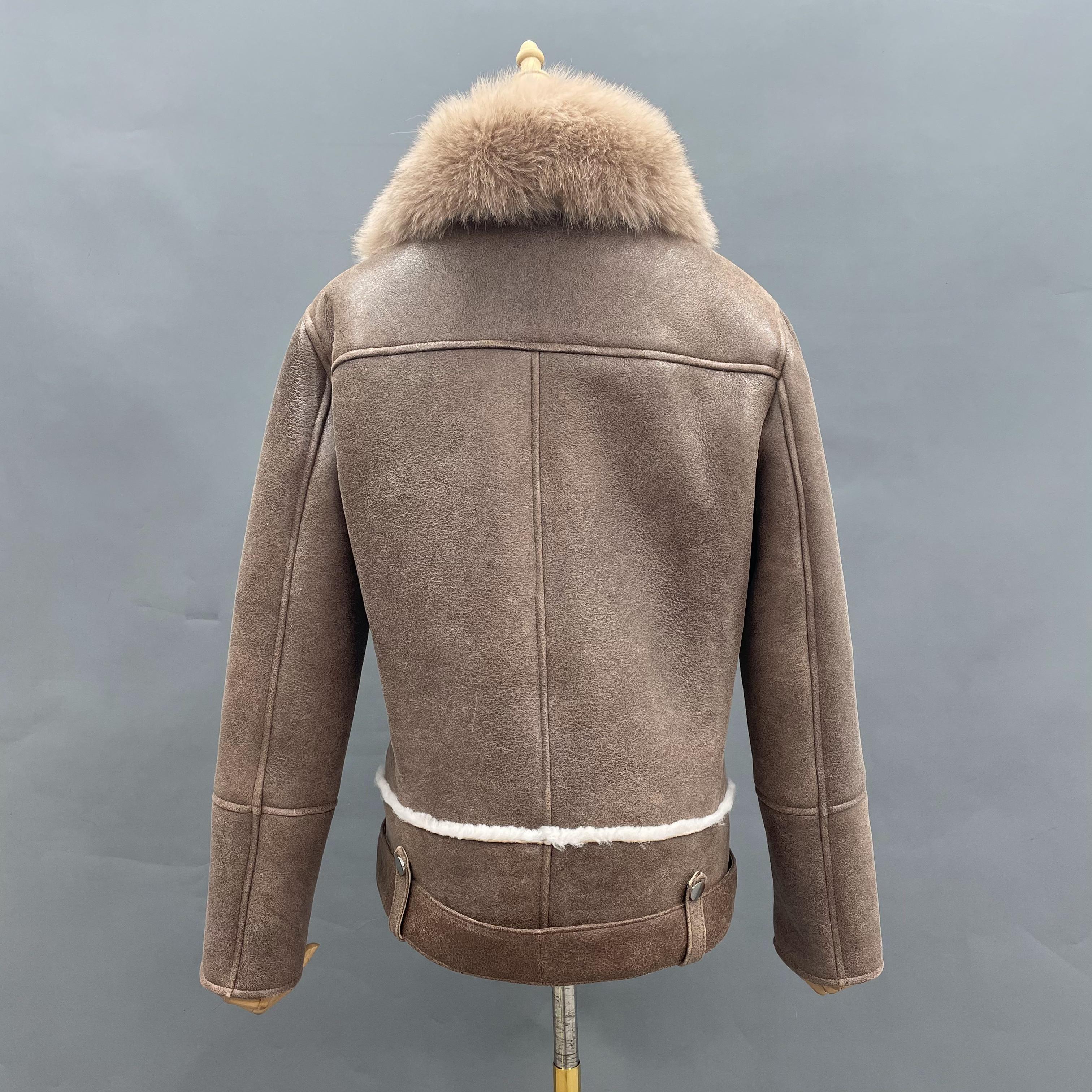 Women's Biker Style Shearling Leather Jacket with Oversized Fox Fur Collar, Belted Waist & Sleeves Without Fur Trim - Luxe Winter Outerwear