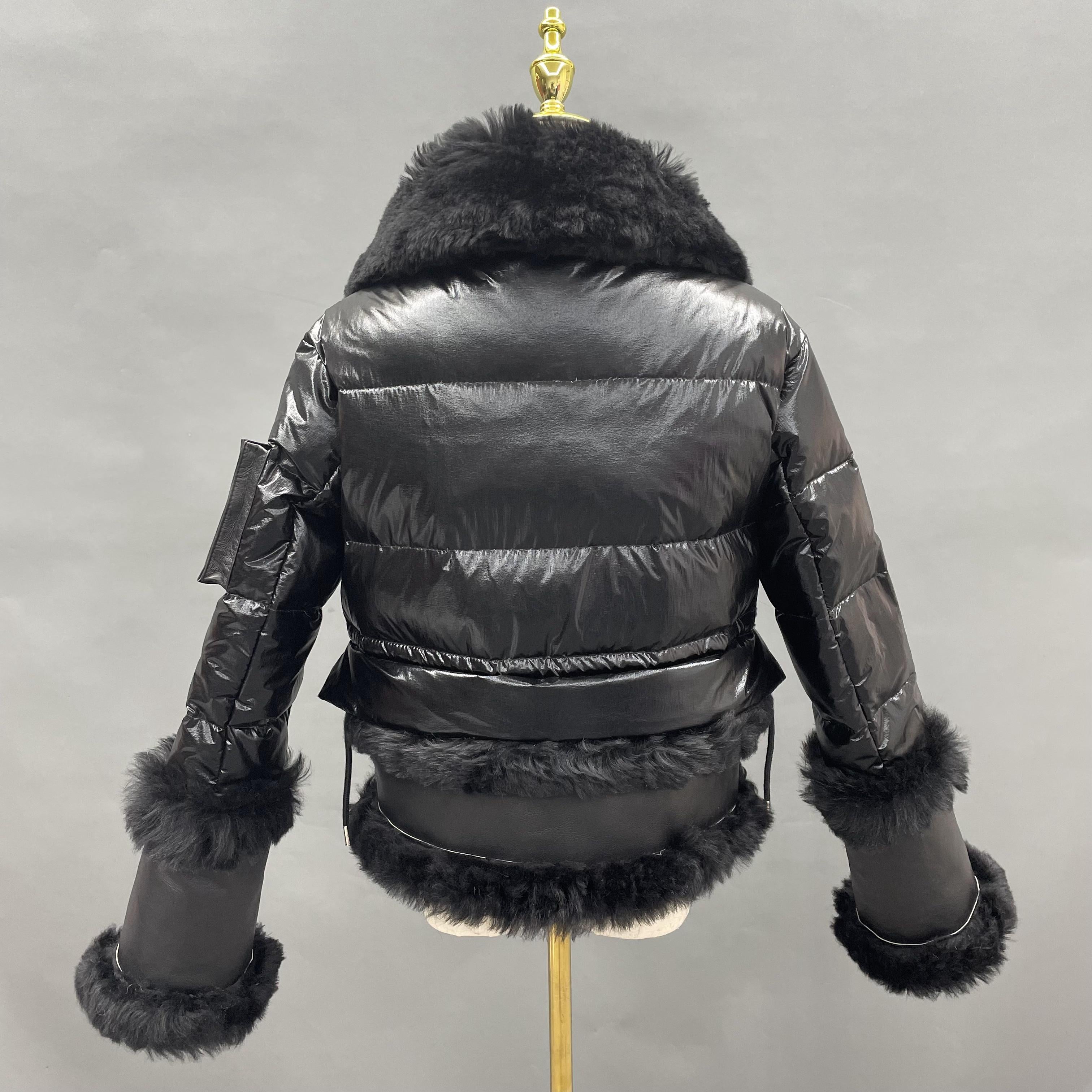 Women's Black Down & Shearling Biker Jacket with Fox Fur Trim - Edgy Winter Outerwear