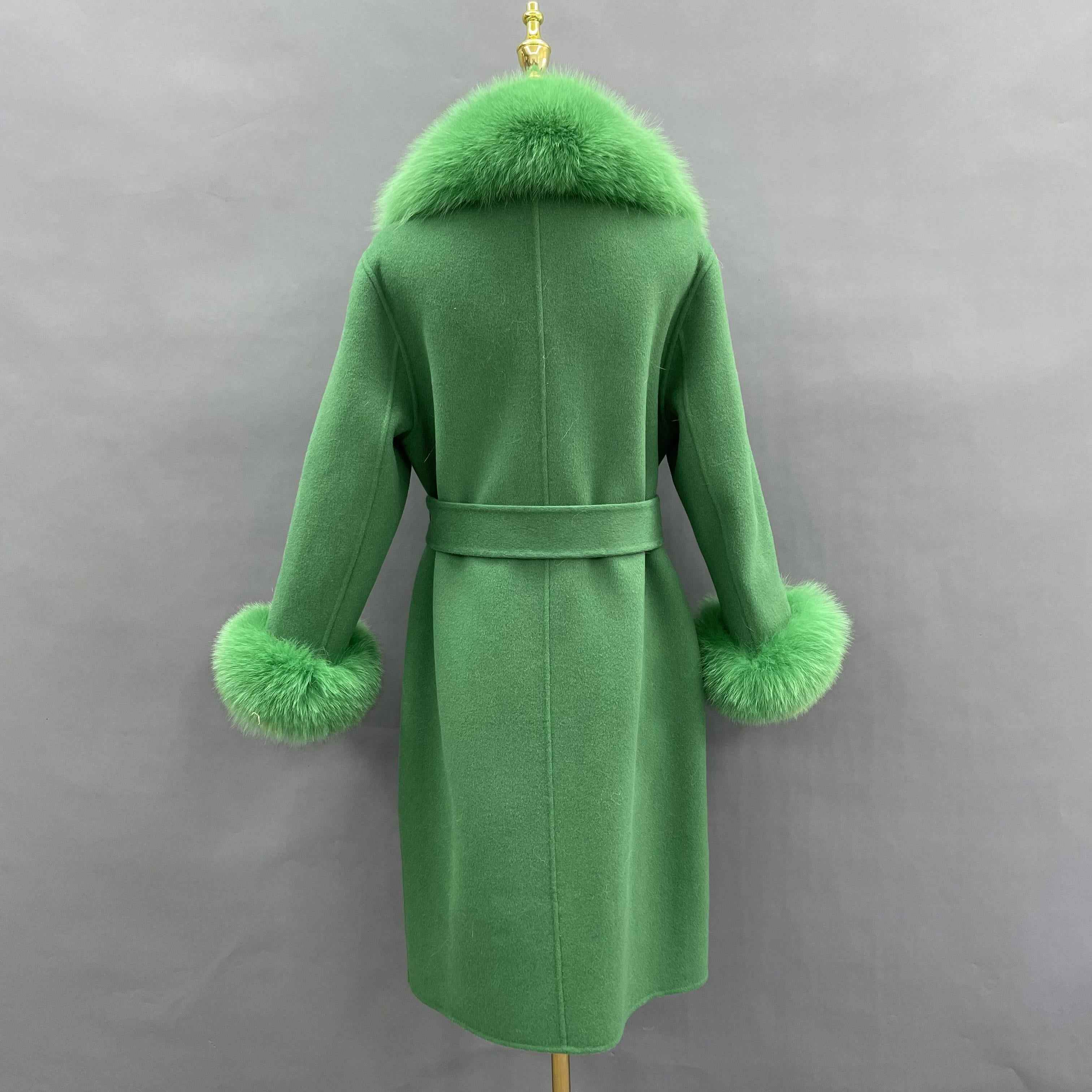 Double - Faced Wool Coat with Fox Fur Collar, Cuffs and Tie Waist