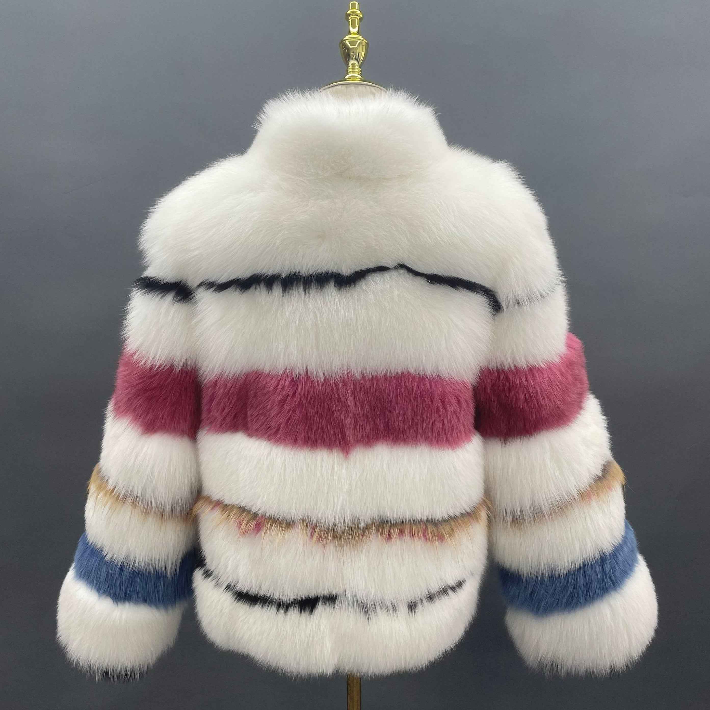 Luxury Color Block Fox Fur Coat with Stand Collar – Women's Striped Real Fur Jacket