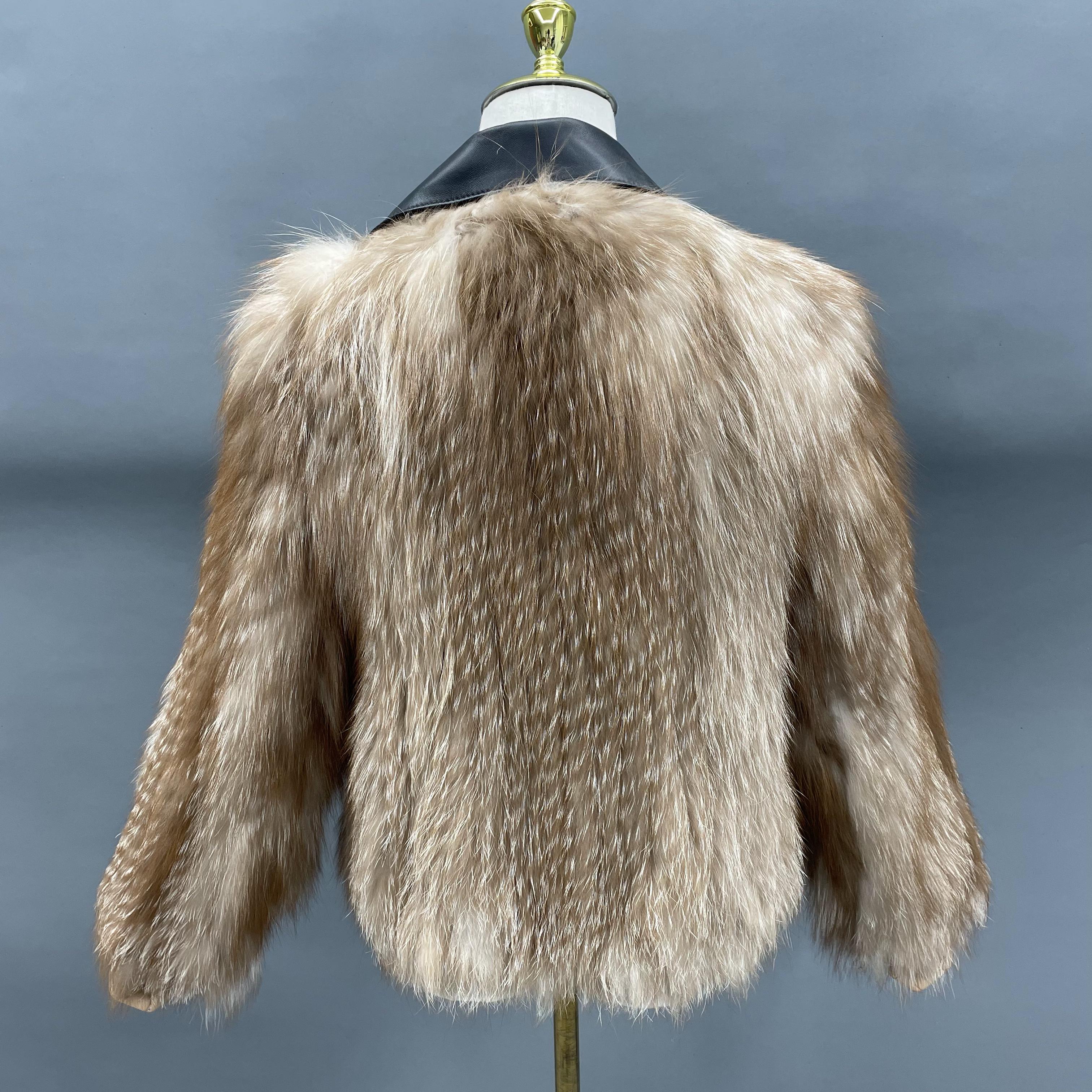 Women's Fox Fur Knitted Jacket with Leather Notched Lapel & Zipper Detail - Edgy Winter Outerwear