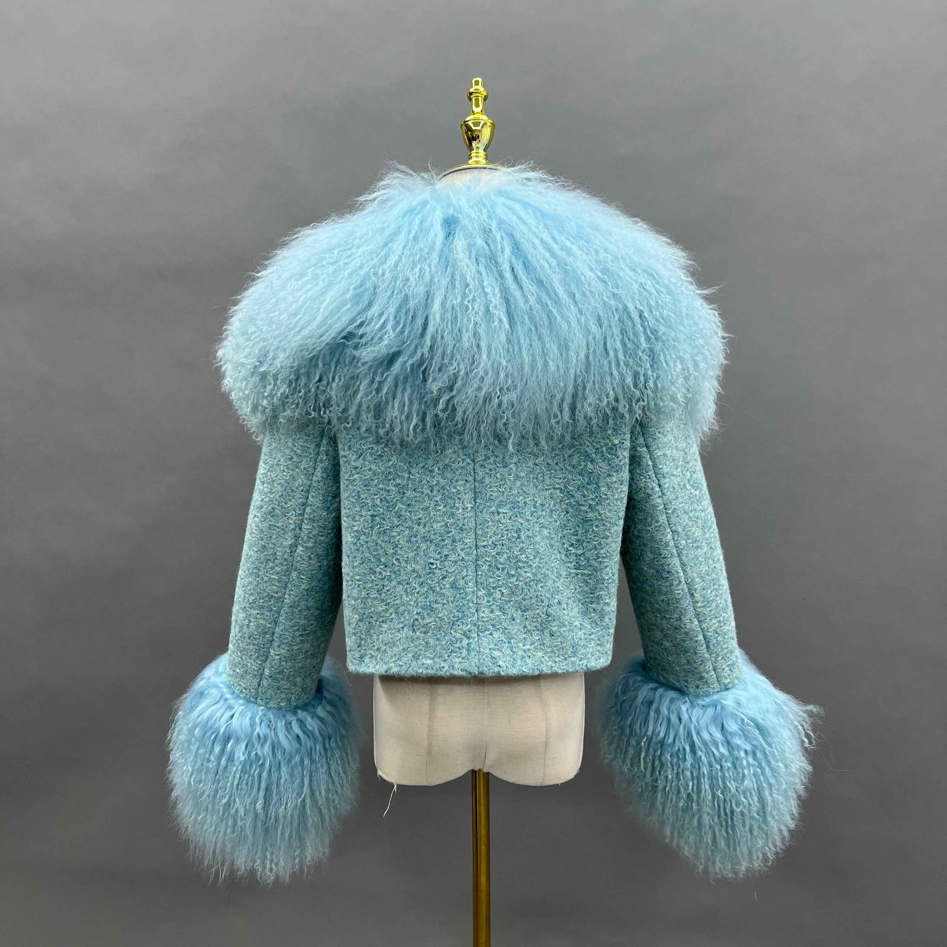Cashmere Short Coat with Tibetan Lamb Fur Collar and Cuffs