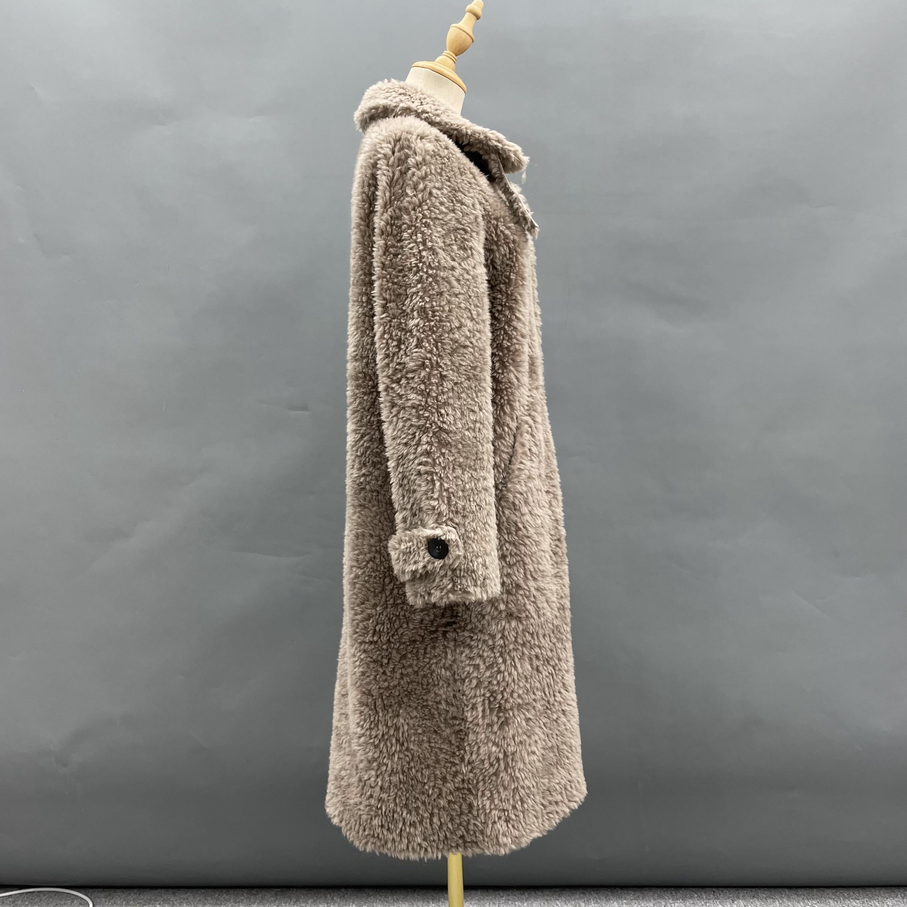 Women's Taupe Sheepskin Shearling Long Coat with Notched Lapel & Belted Waist - Luxe Winter Outerwear